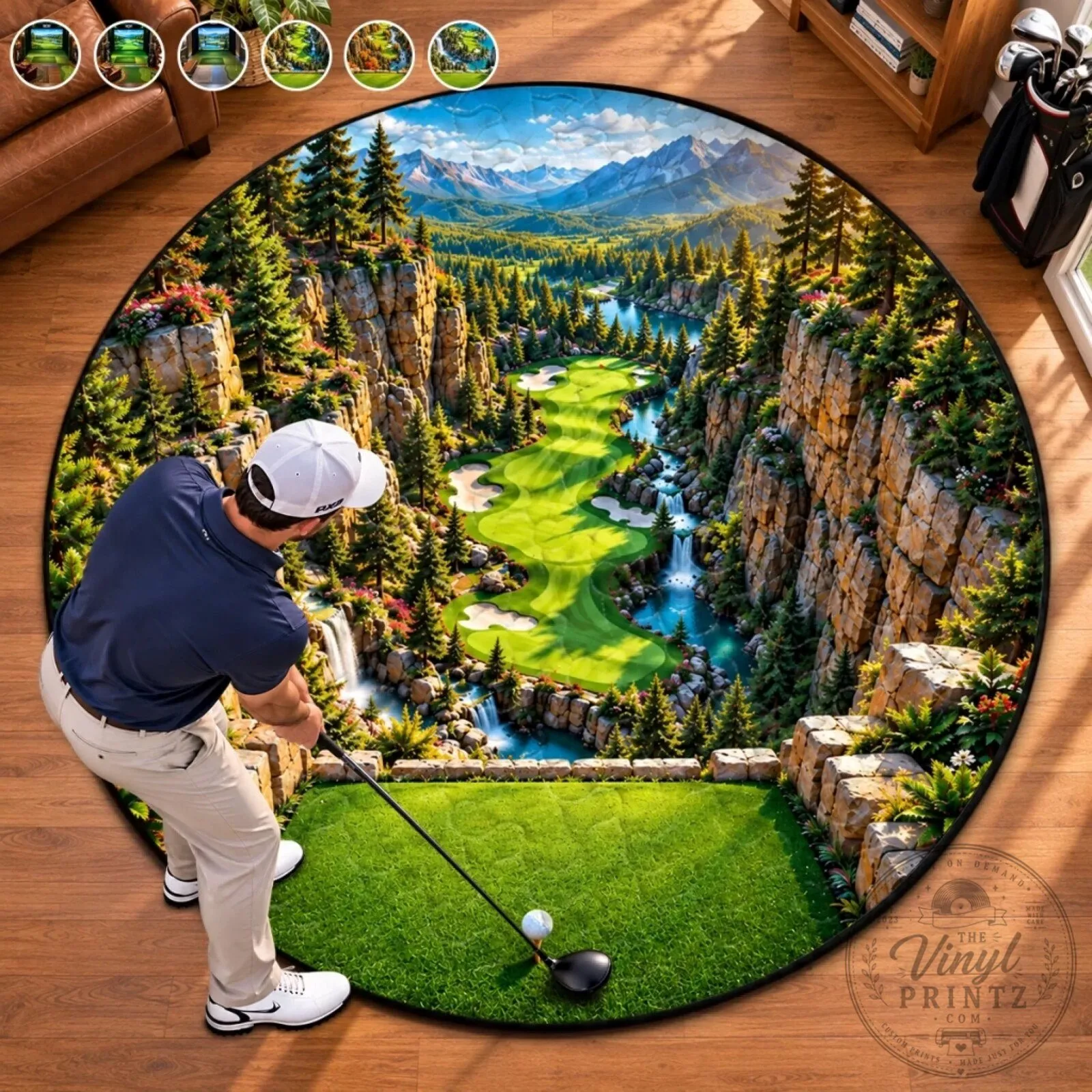 Scenic Golf Course Landscape Round Rug - Personalized Quilted Floor Mat Decor