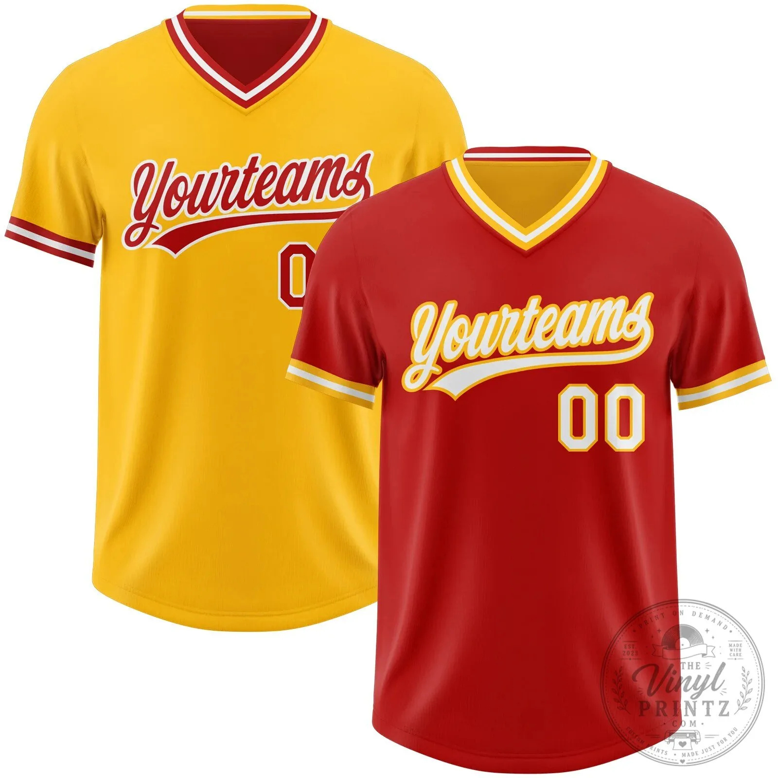 Custom Baseball Team Red Gold White Reversible V-Neck Short Sleeve Baseball Jersey 2 Custom Baseball Team Red Gold White Reversible V-Neck Short Sleeve Baseball Jersey