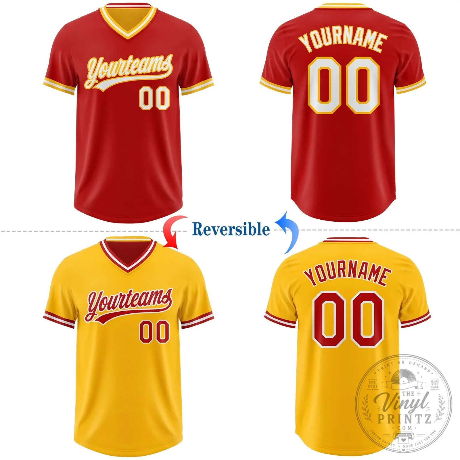 Custom Baseball Team Red Gold White Reversible V-Neck Short Sleeve Baseball Jersey 12 Custom Baseball Team Red Gold White Reversible V-Neck Short Sleeve Baseball Jersey