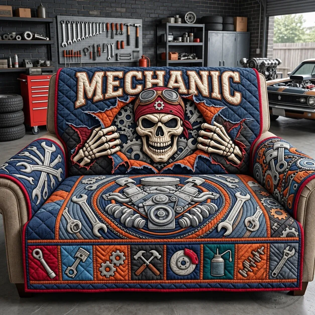 Mechanic Skull and Tools Quilted Sofa Cover for Garage or Man Cave Decor
