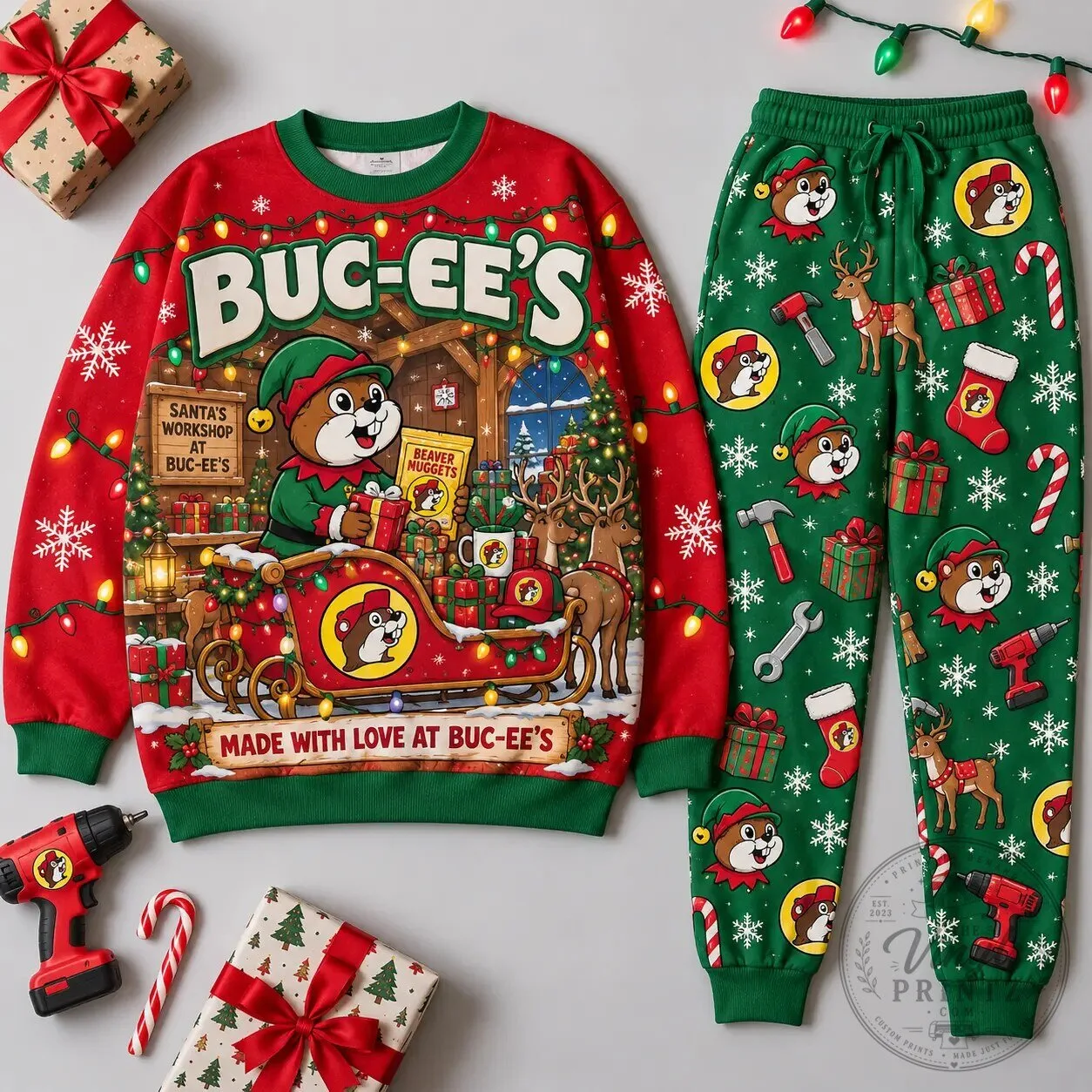 Buc-ee's Christmas Holiday Workshop Sweatshirt and Jogger Pants Set 2 Buc-ee's Christmas Holiday Workshop Sweatshirt and Jogger Pants Set