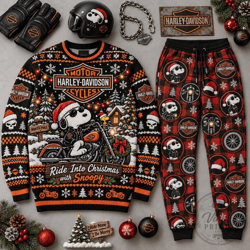 Harley-Davidson Snoopy Ride Into Christmas Ugly Sweater and Jogger Pants Set Harley-Davidson Snoopy Ride Into Christmas Ugly Sweater and Jogger Pants Set