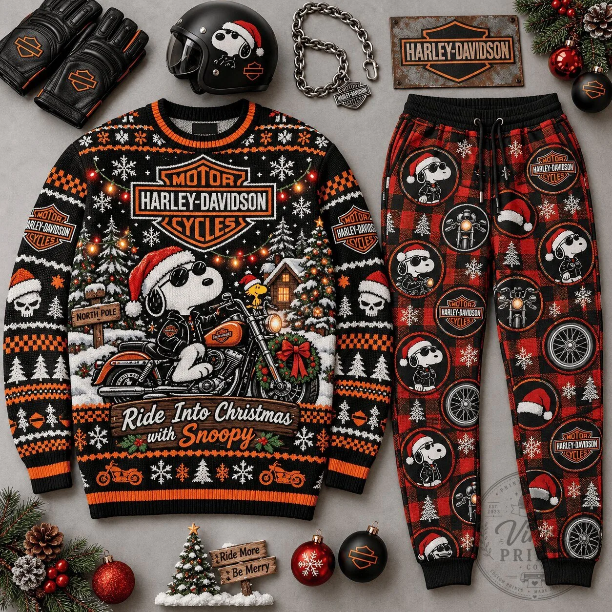 Harley-Davidson Snoopy Ride Into Christmas Ugly Sweater and Jogger Pants Set 5 Harley-Davidson Snoopy Ride Into Christmas Ugly Sweater and Jogger Pants Set