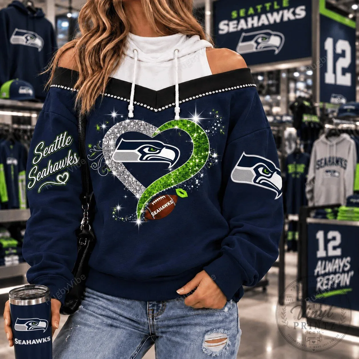 Seattle Seahawks Football Team Glitter Heart Design Women's Off Shoulder Hoodie 2 Seattle Seahawks Football Team Glitter Heart Design Women's Off Shoulder Hoodie