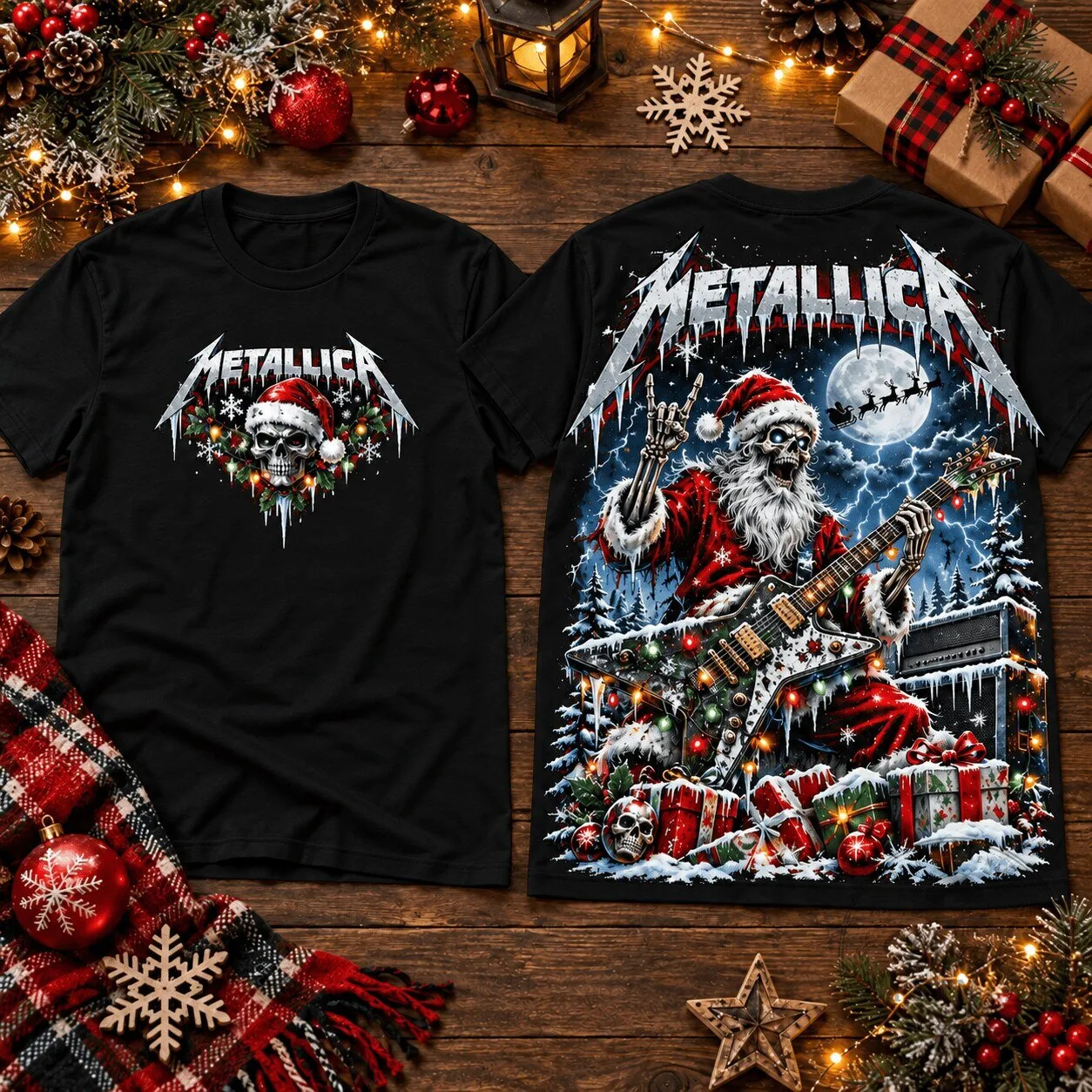 Metallica Christmas Skeleton Santa Rock Band Holiday T-Shirt