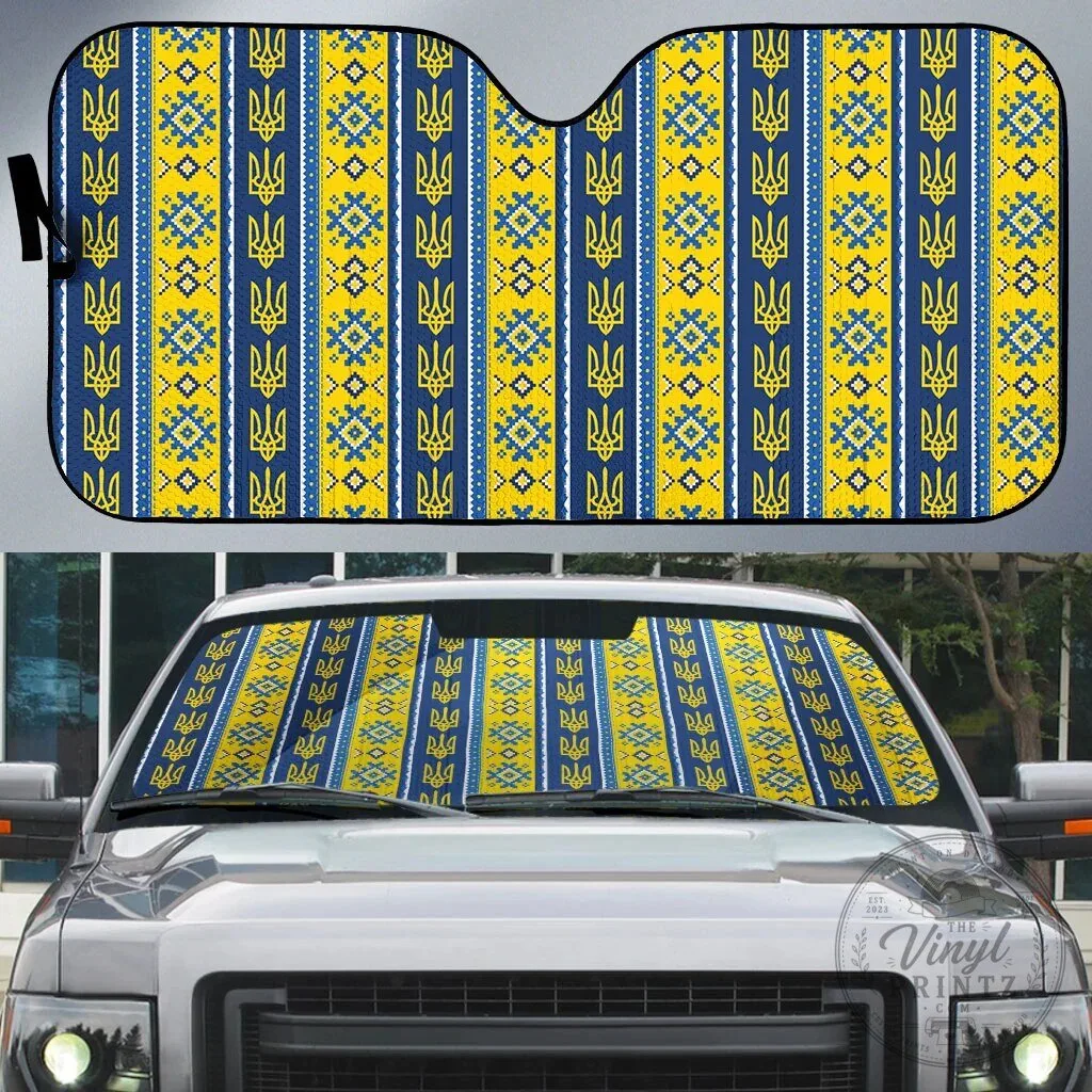 Ukrainian Trident Pattern Car Sunshade, Blue and Yellow Ukraine Auto Sun Shade