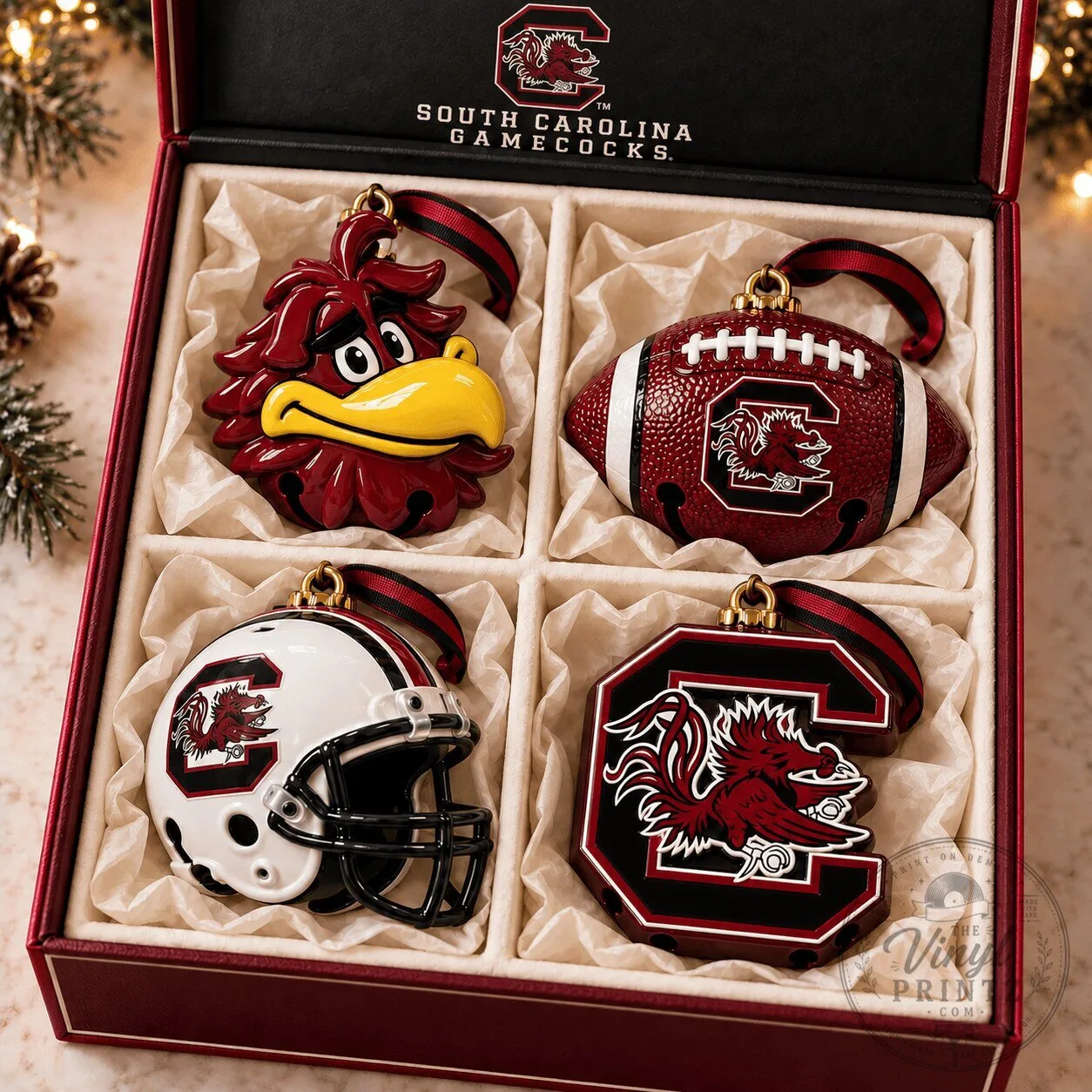 South Carolina Gamecocks Football Helmet and Mascot Christmas Ornament Set 1 South Carolina Gamecocks Football Helmet and Mascot Christmas Ornament Set