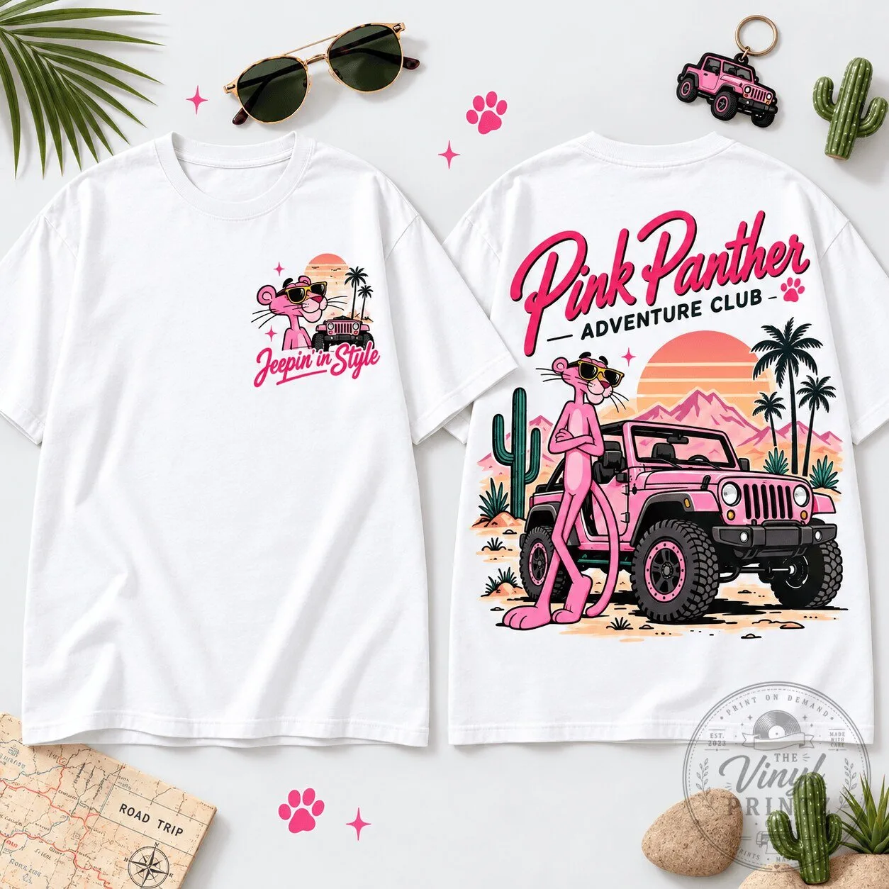 Pink Panther Adventure Club Jeep Ride Desert Scene Graphic T-Shirt