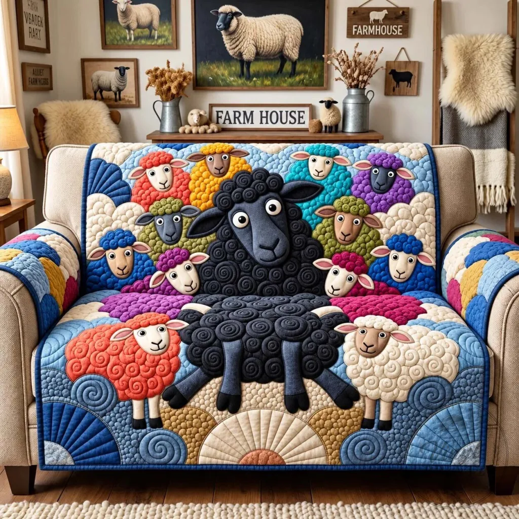Black Sheep Family Quilted Sofa Cover, Farmhouse Decor Couch Protector Black Sheep Family Quilted Sofa Cover, Farmhouse Decor Couch Protector