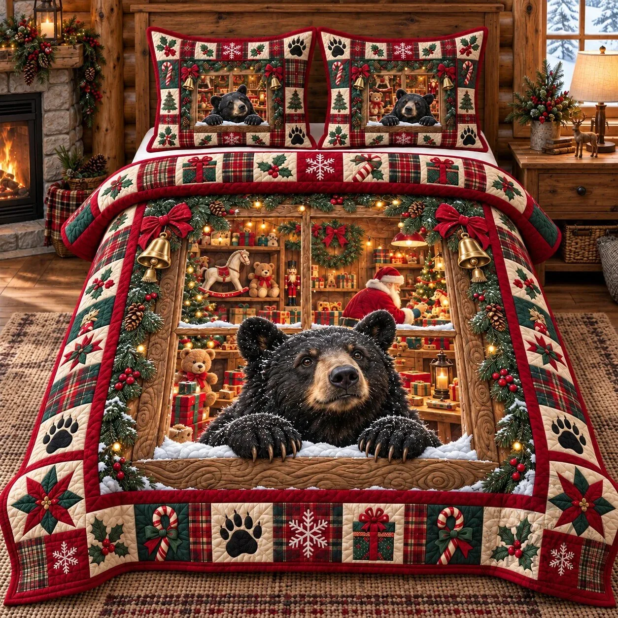 Christmas Black Bear Rustic Cabin Holiday Quilted Bedding Set 5 Christmas Black Bear Rustic Cabin Holiday Quilted Bedding Set