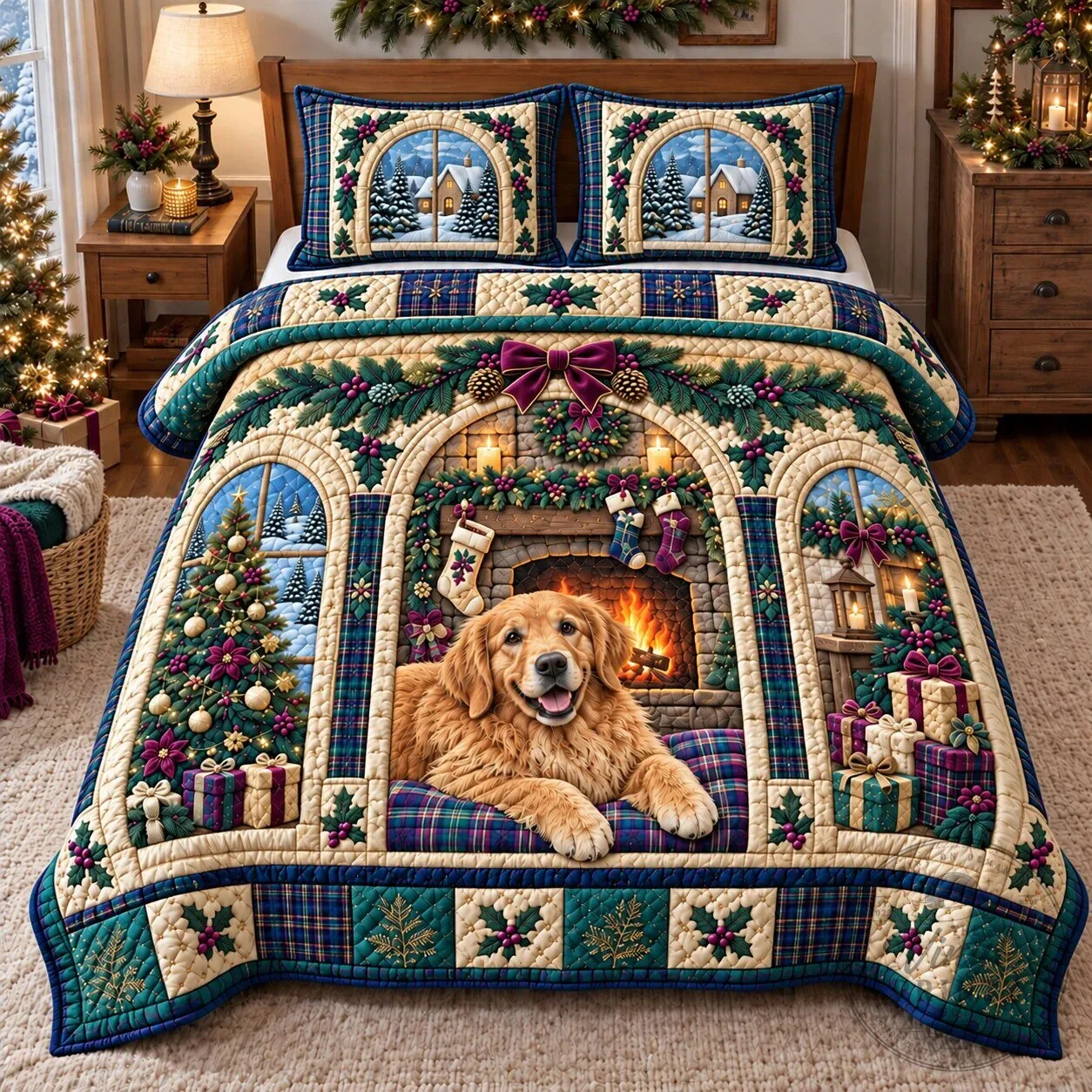 Golden Retriever Winter Fireplace Christmas Quilted Bedding Set 7 Golden Retriever Winter Fireplace Christmas Quilted Bedding Set