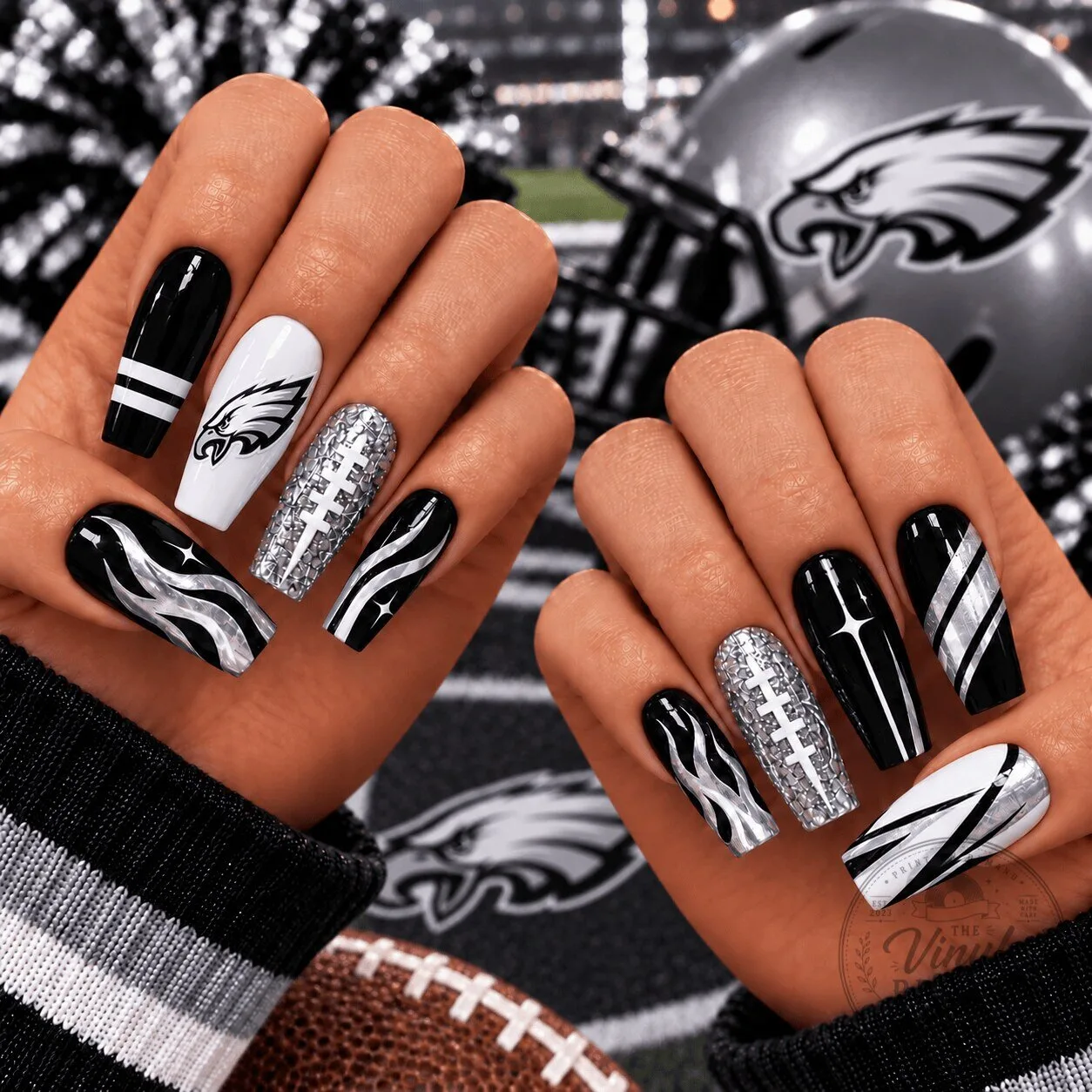 Philadelphia Eagles Black Silver Chrome Game Day Football Fan Press-On Nails