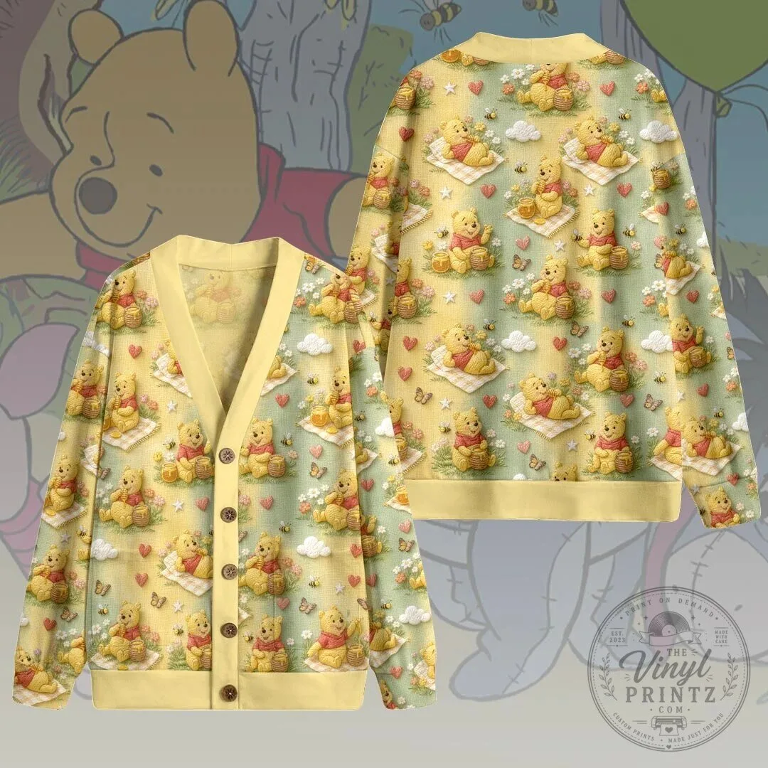 Winnie The Pooh Honey Pot And Bees Pattern V-Neck Cardigan 5 Winnie The Pooh Honey Pot And Bees Pattern V-Neck Cardigan