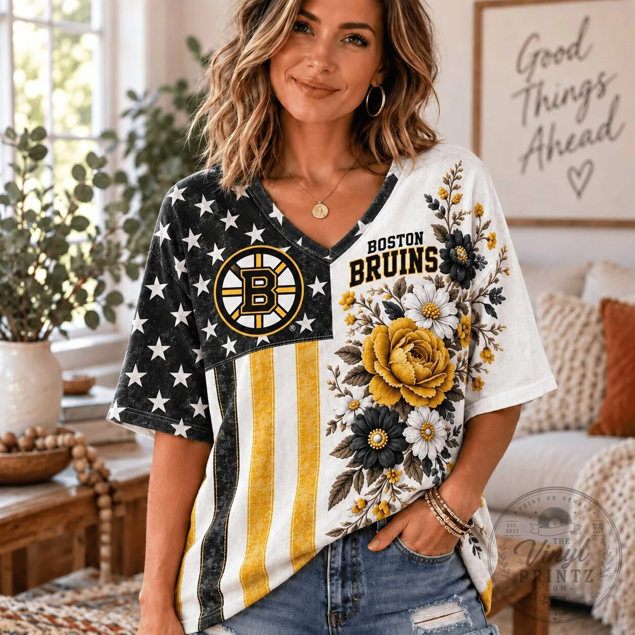 Boston Bruins NHL Fan Shirt for Women, Floral American Flag V-Neck T-Shirt