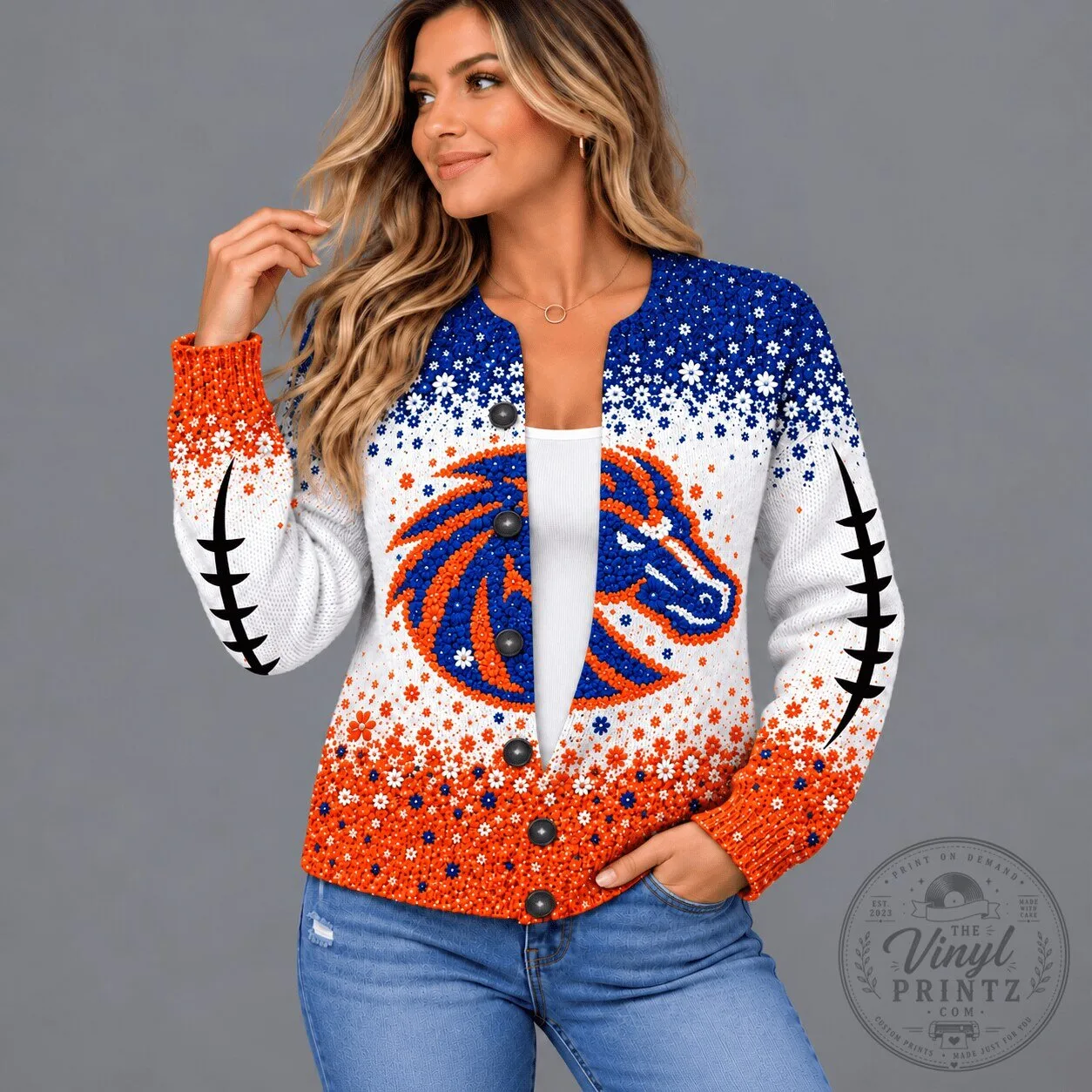 Boise State Broncos NCAA Floral Heritage Button Down Cardigan Sweater 5 Boise State Broncos NCAA Floral Heritage Button Down Cardigan Sweater
