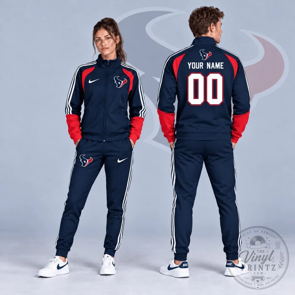 Houston Texans Custom Name Number Varsity Colorblock Full Zip Tracksuit Jacket Houston Texans Custom Name Number Varsity Colorblock Full Zip Tracksuit Jacket