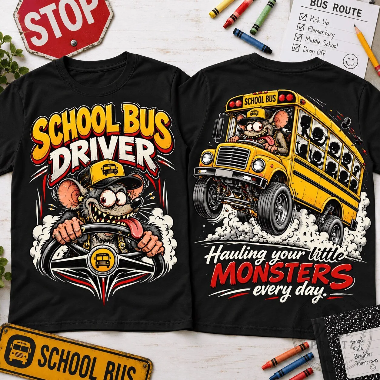 School Bus Driver Rat Fink Little Monsters Funny T-Shirt