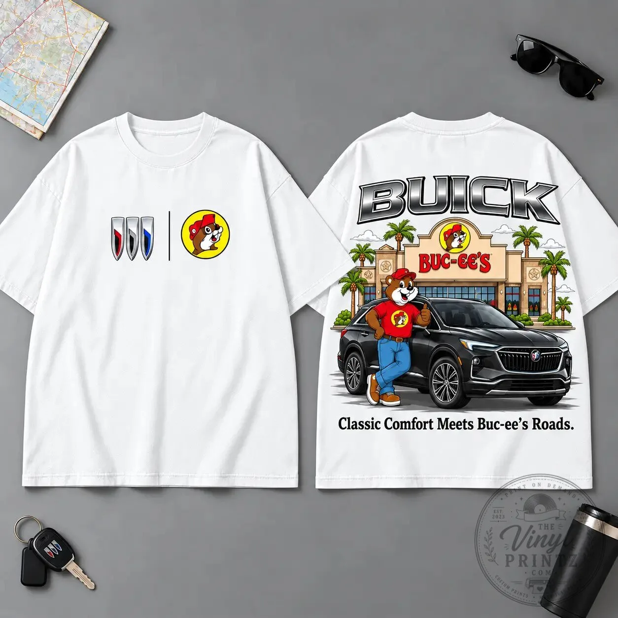 Buc-ee's Buick Wheels of Style Road Trip Black Graphic T-Shirt 8 Buc-ee