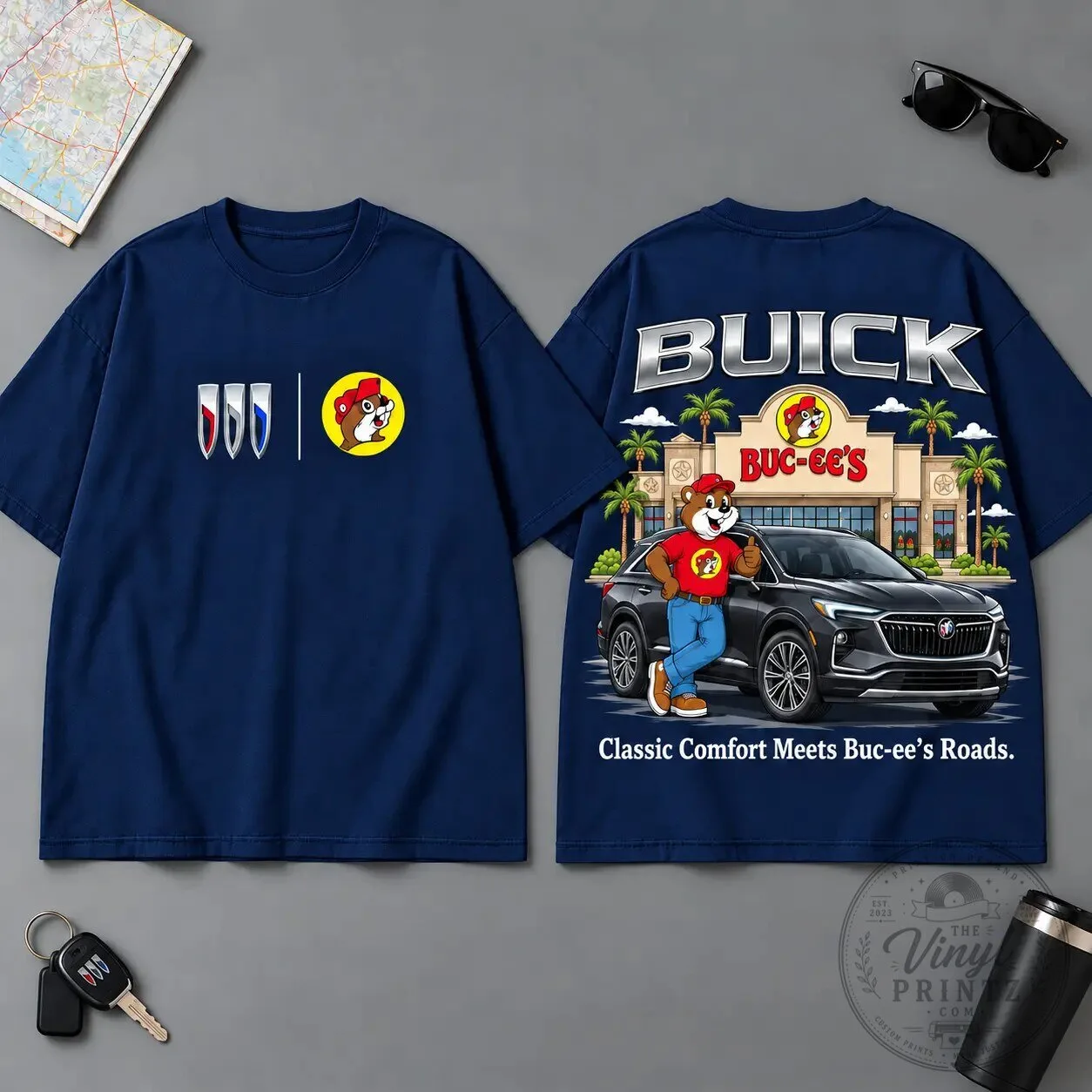 Buc-ee's Buick Wheels of Style Road Trip Black Graphic T-Shirt 9 Buc-ee