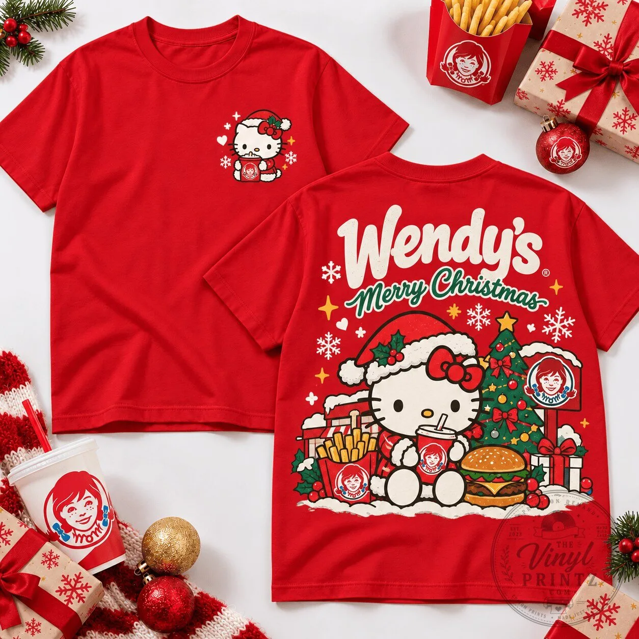Wendy's Hello Kitty Christmas Holiday Fast Food Burger Lover T-Shirt