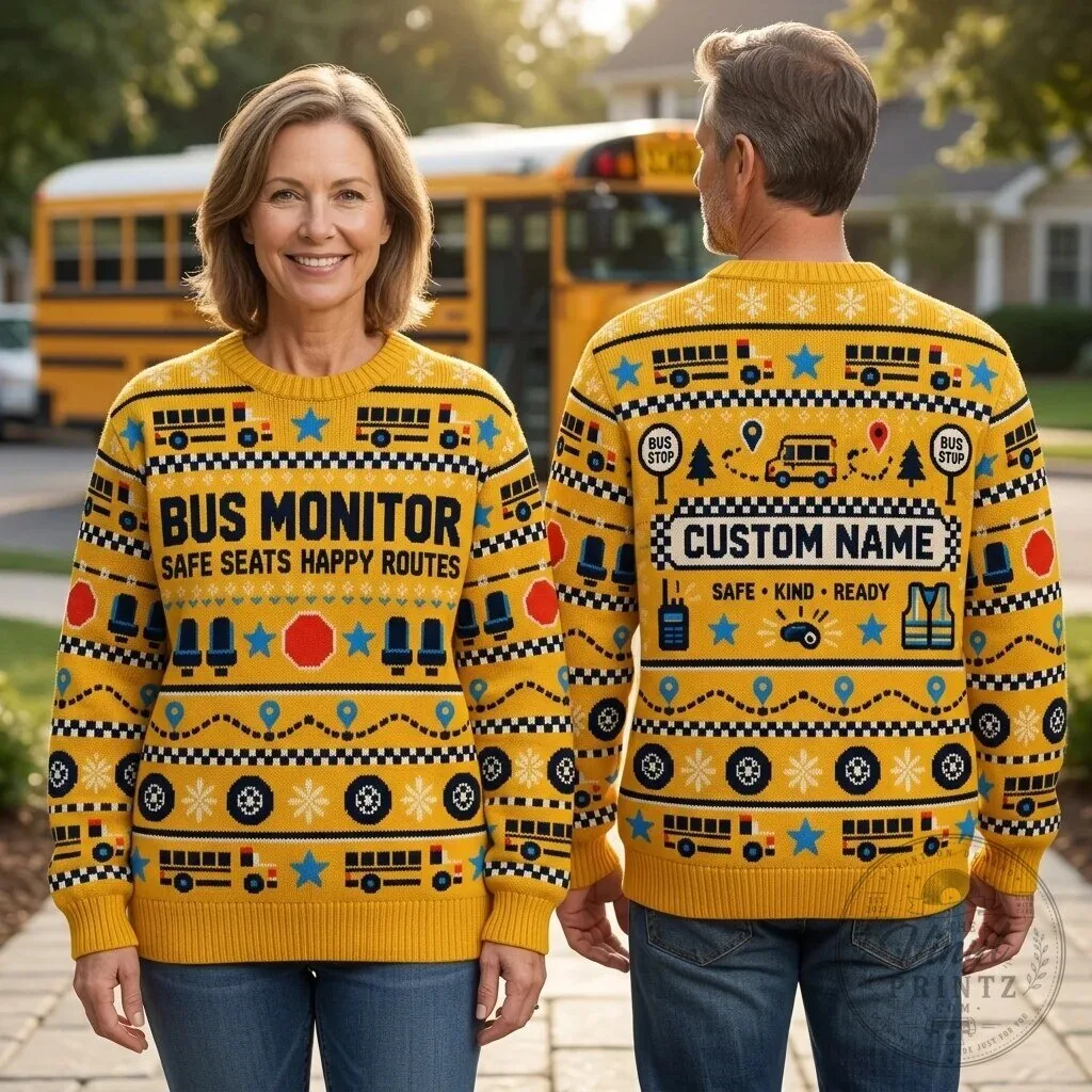 Bus Monitor Safe Seats Happy Routes Personalized Ugly Christmas Sweater