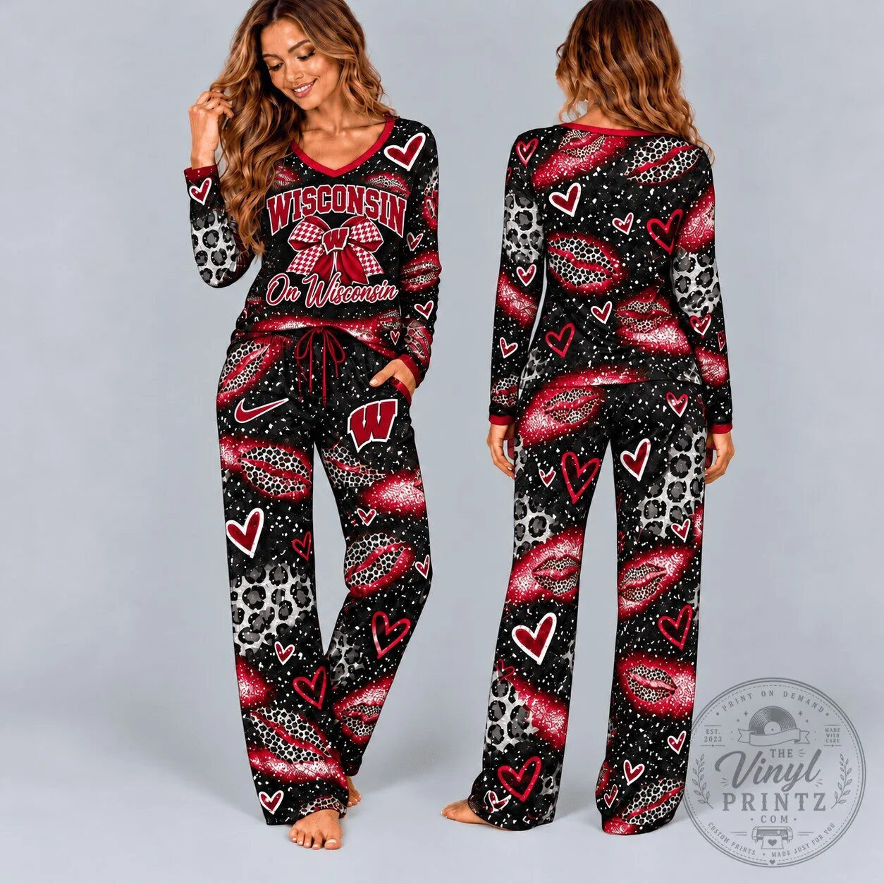 Wisconsin Badgers Leopard Print Hearts Pattern Pajamas Set
