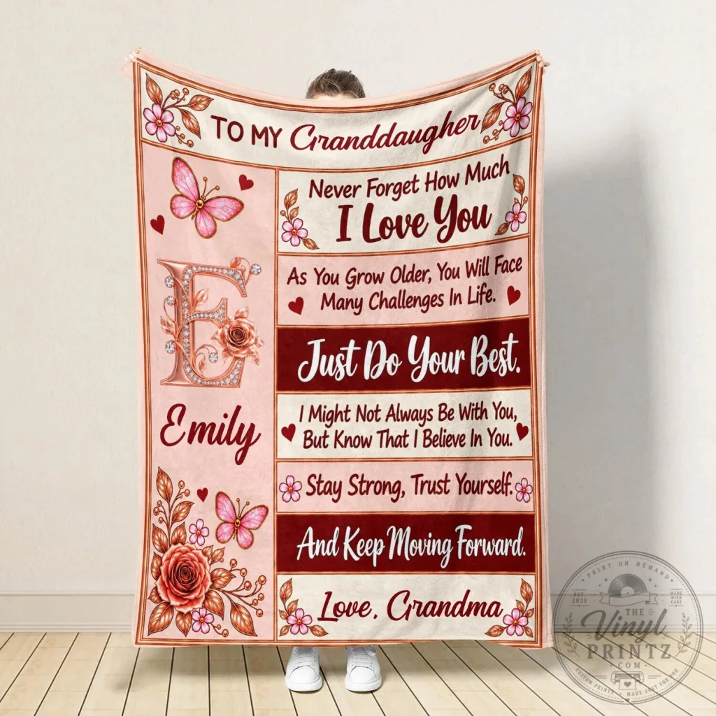 Personalized Grandma To Granddaughter Pink Rose Butterfly Initial Blanket Personalized Grandma To Granddaughter Pink Rose Butterfly Initial Blanket