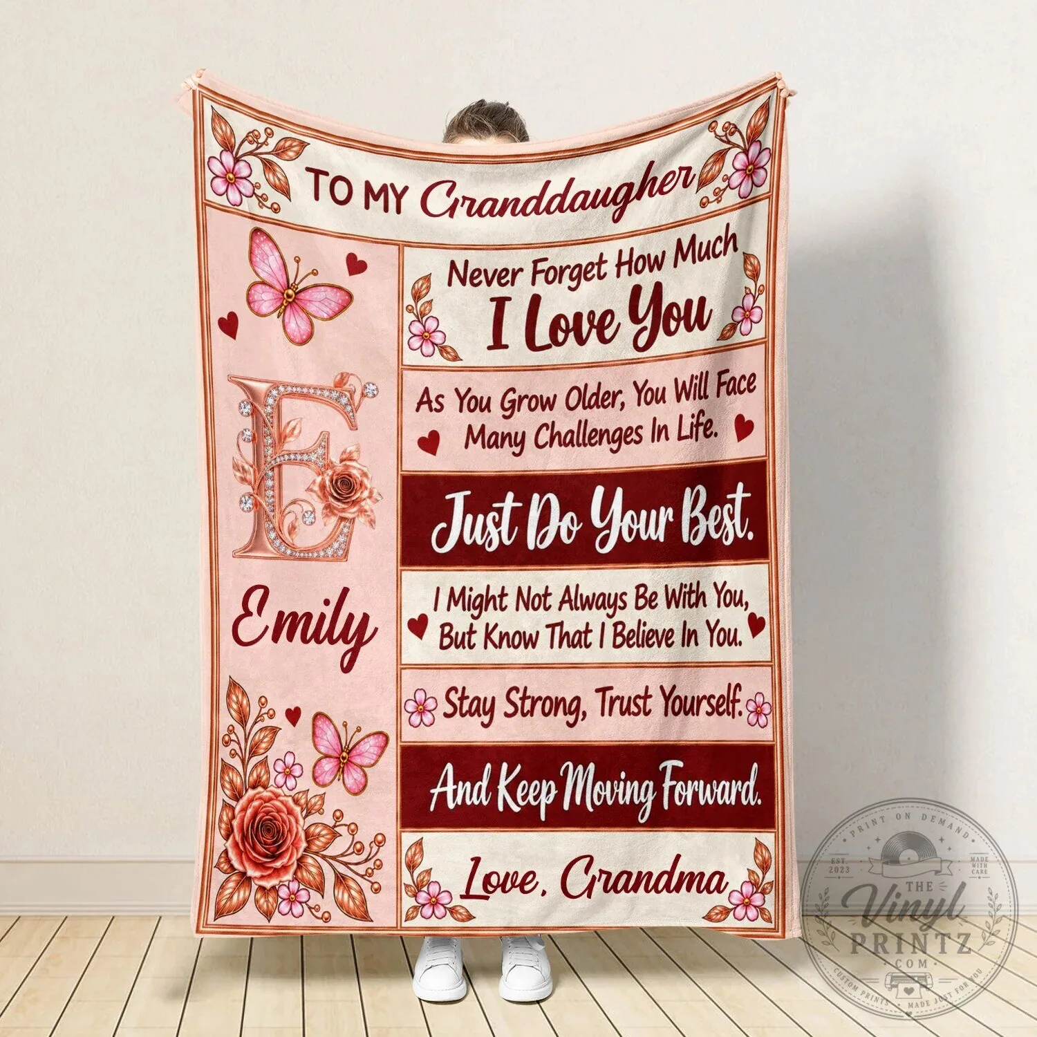 Personalized Grandma To Granddaughter Pink Rose Butterfly Initial Blanket