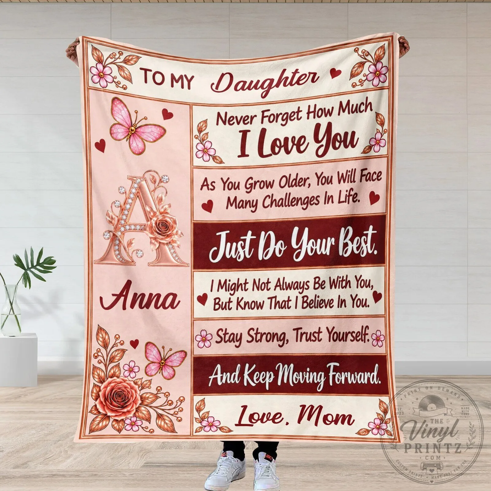 Personalized Grandma To Granddaughter Pink Rose Butterfly Initial Blanket 11 Personalized Grandma To Granddaughter Pink Rose Butterfly Initial Blanket