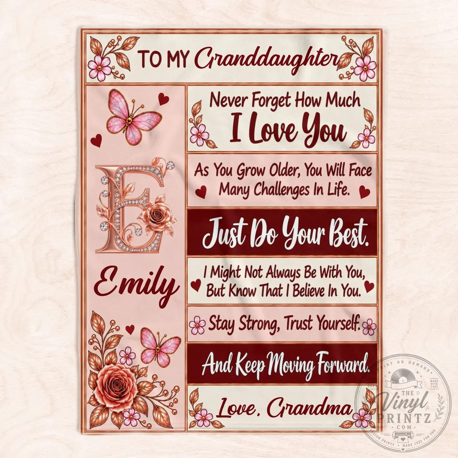 Personalized Grandma To Granddaughter Pink Rose Butterfly Initial Blanket 12 Personalized Grandma To Granddaughter Pink Rose Butterfly Initial Blanket