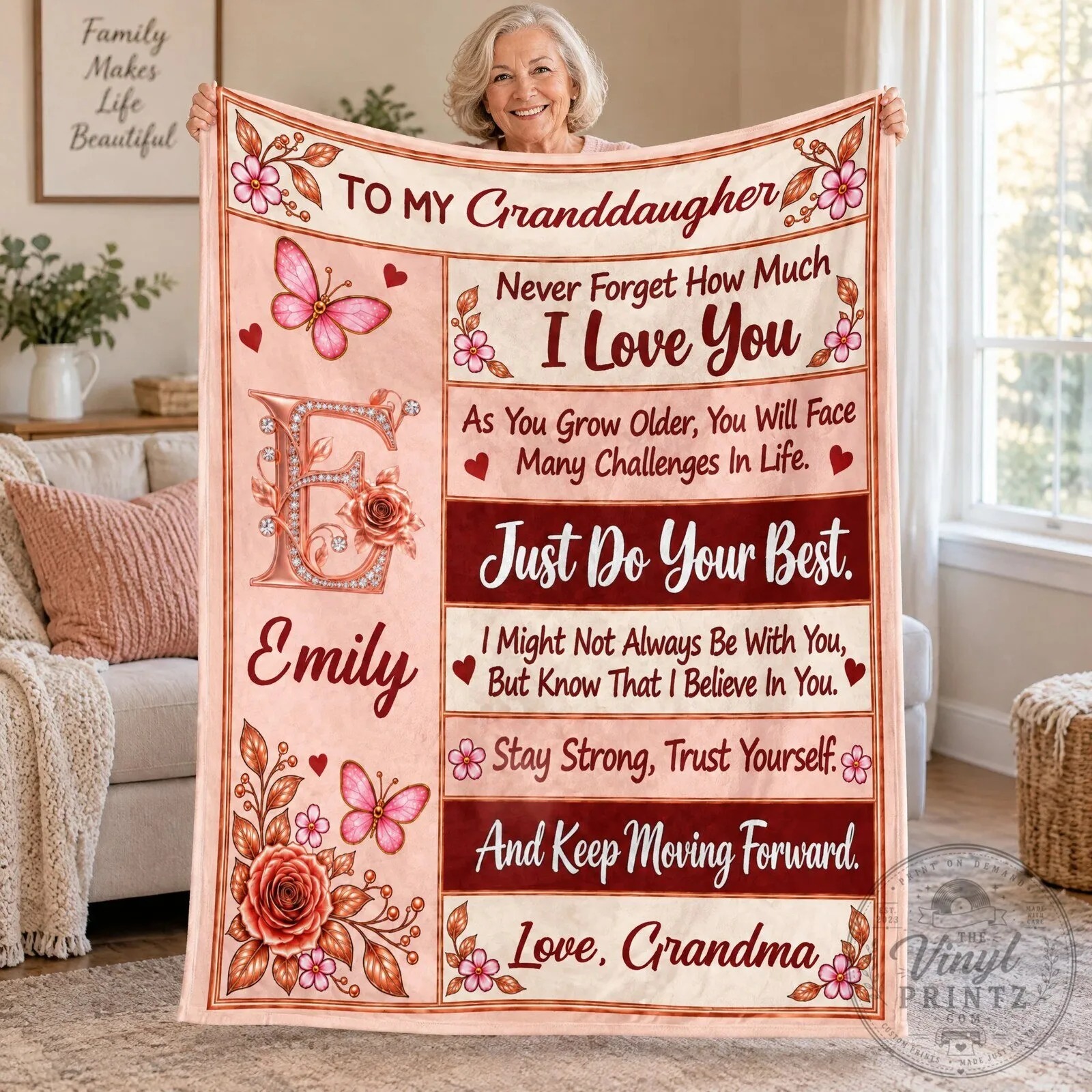 Personalized Grandma To Granddaughter Pink Rose Butterfly Initial Blanket 14 Personalized Grandma To Granddaughter Pink Rose Butterfly Initial Blanket