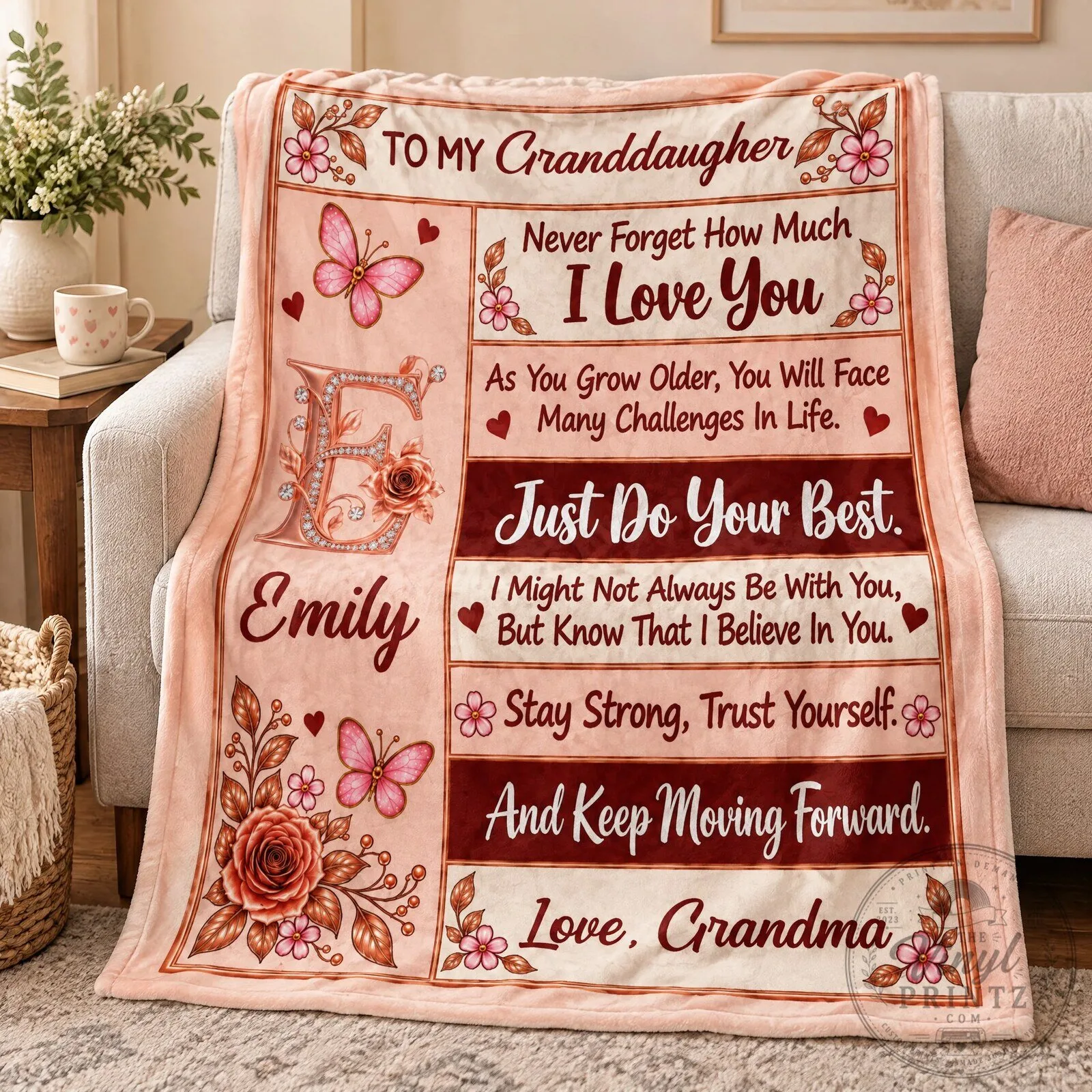 Personalized Grandma To Granddaughter Pink Rose Butterfly Initial Blanket 15 Personalized Grandma To Granddaughter Pink Rose Butterfly Initial Blanket