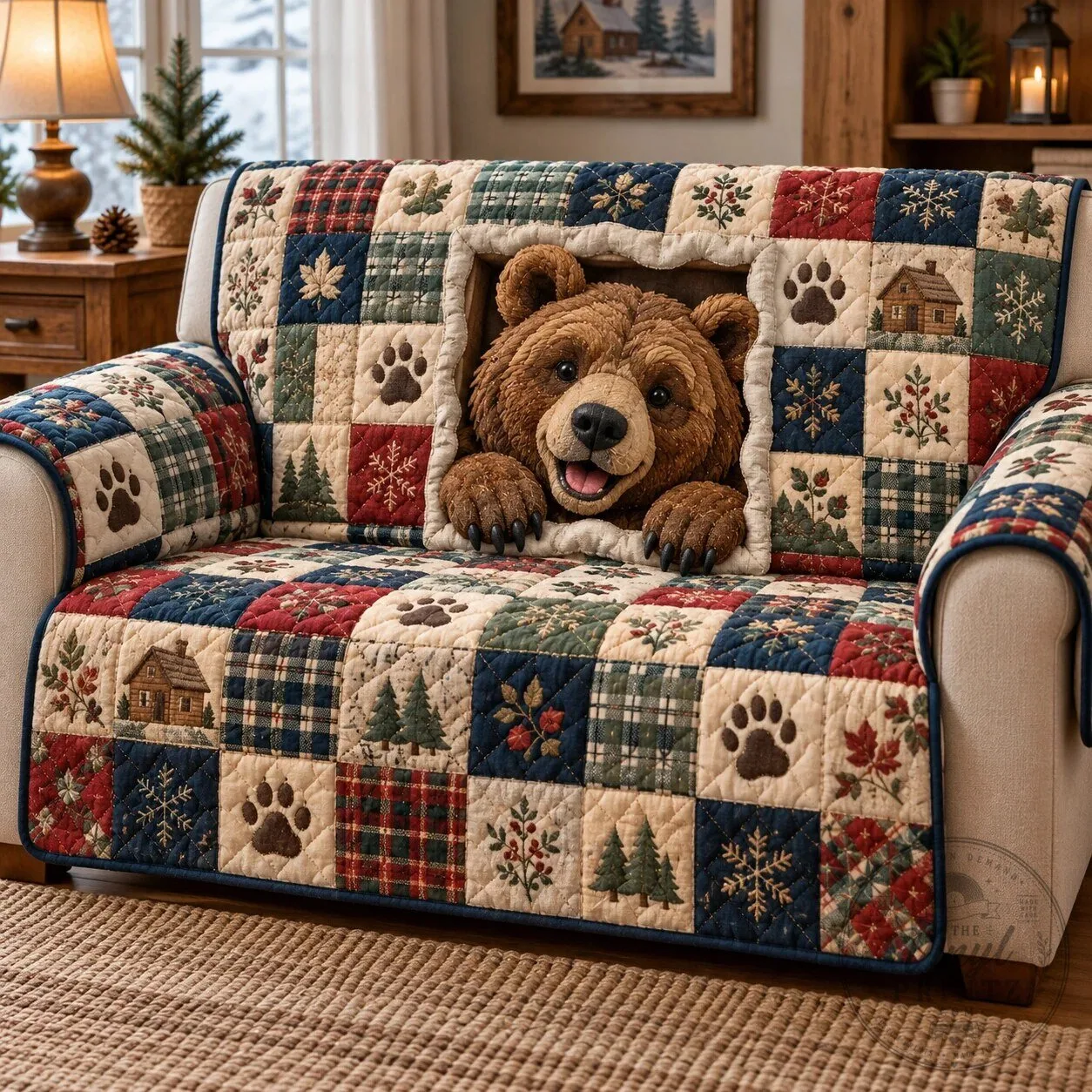 Rustic Bear Winter Cabin Patchwork Quilted Sofa Cover for Living Room Decor