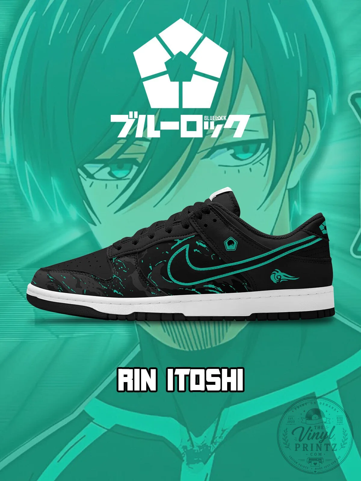 Blue Lock Rin Itoshi Anime Manga Character Black and Teal Athletic Shoes