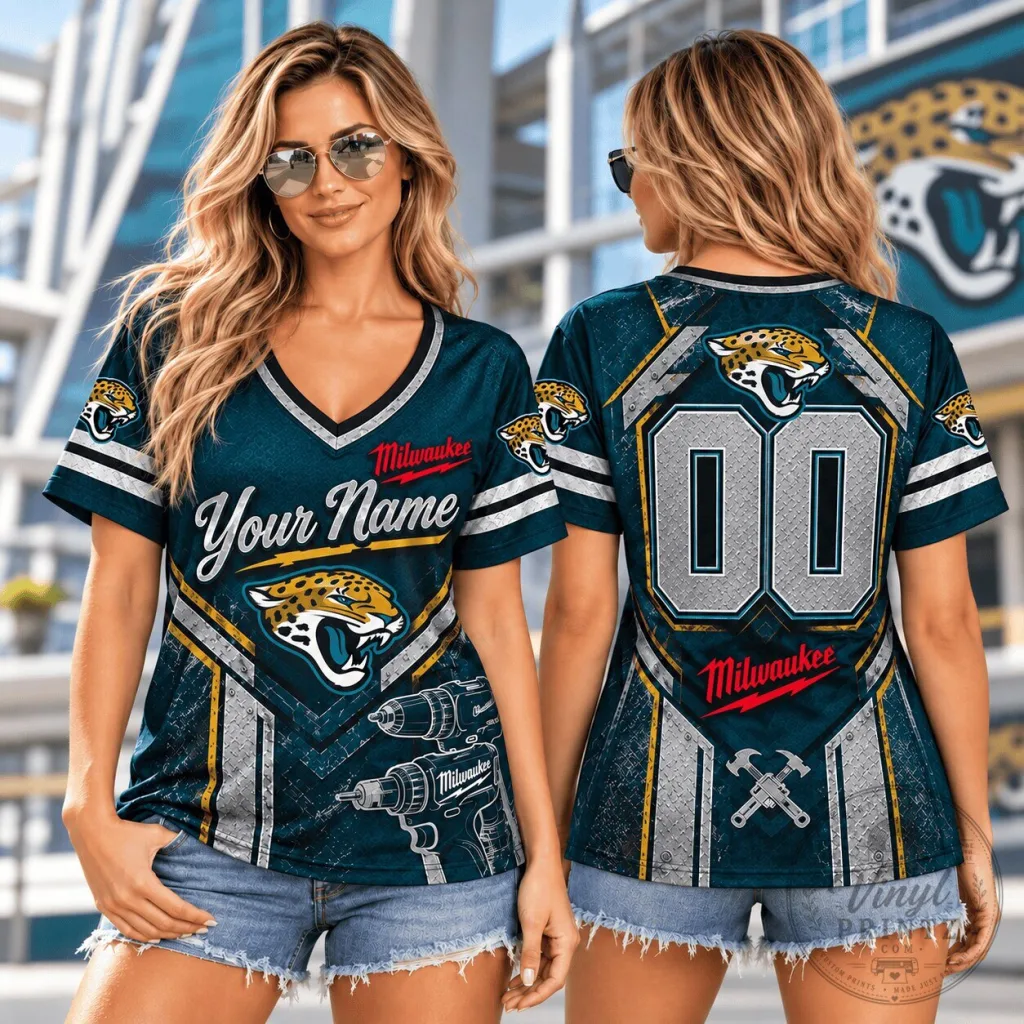 Jacksonville Jaguars NFL Personalized Name and Number V-Neck T-Shirt Jacksonville Jaguars NFL Personalized Name and Number V-Neck T-Shirt
