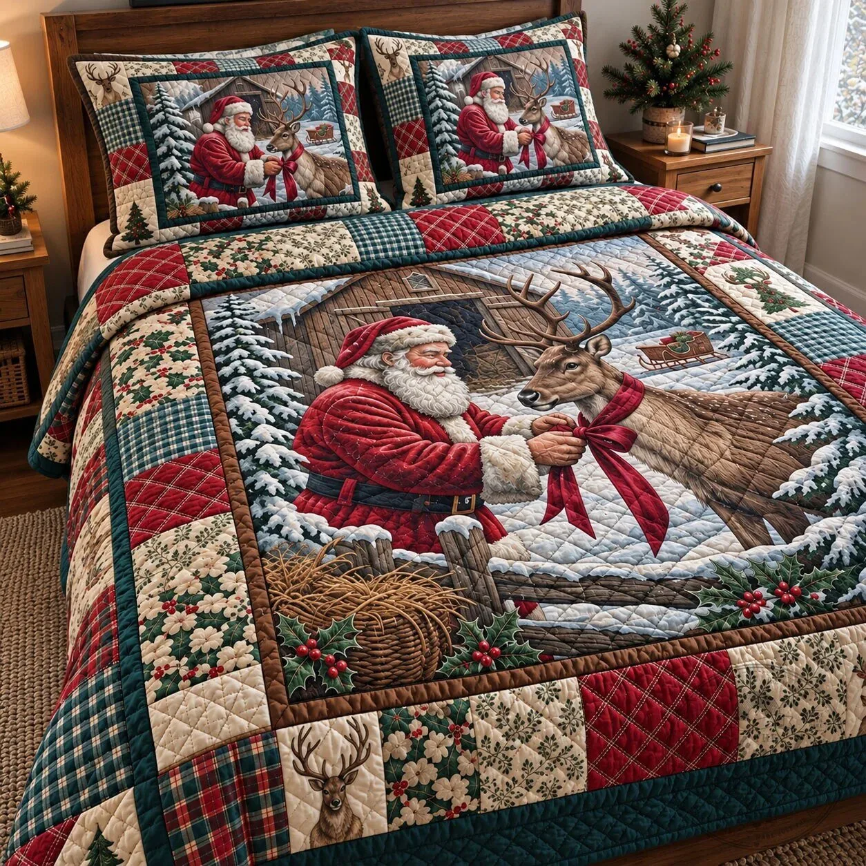Christmas Santa Claus Reindeer Winter Scene Quilted Bedding Set