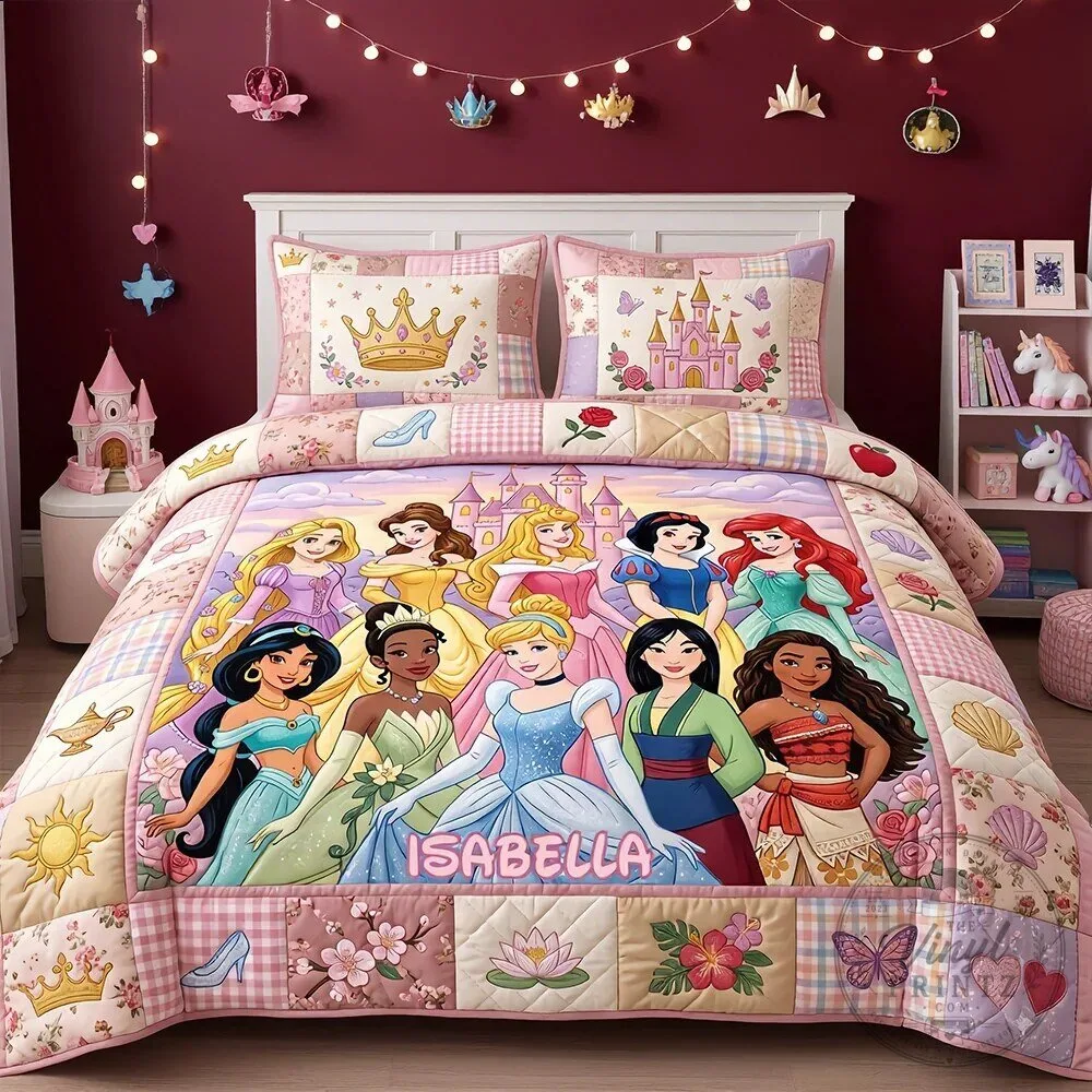 Personalized Disney Princesses Quilt Bedding Set for Girls Bedroom Decor