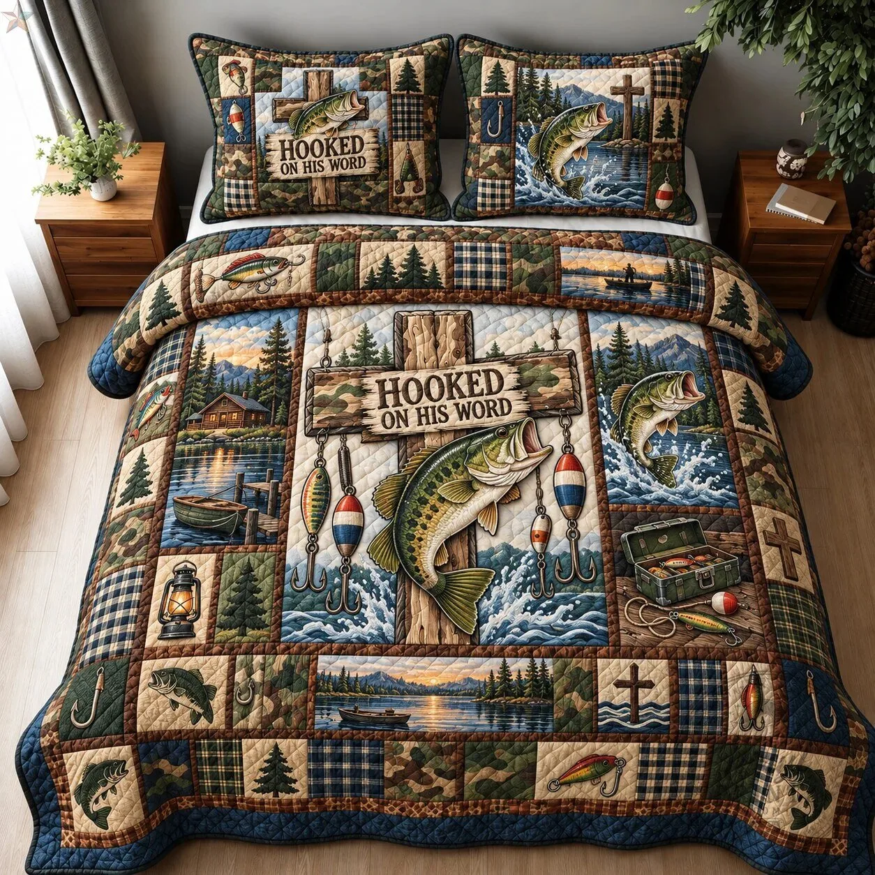 Hooked On His Word Fishing Lures Bass Fish Quilted Bedding Set