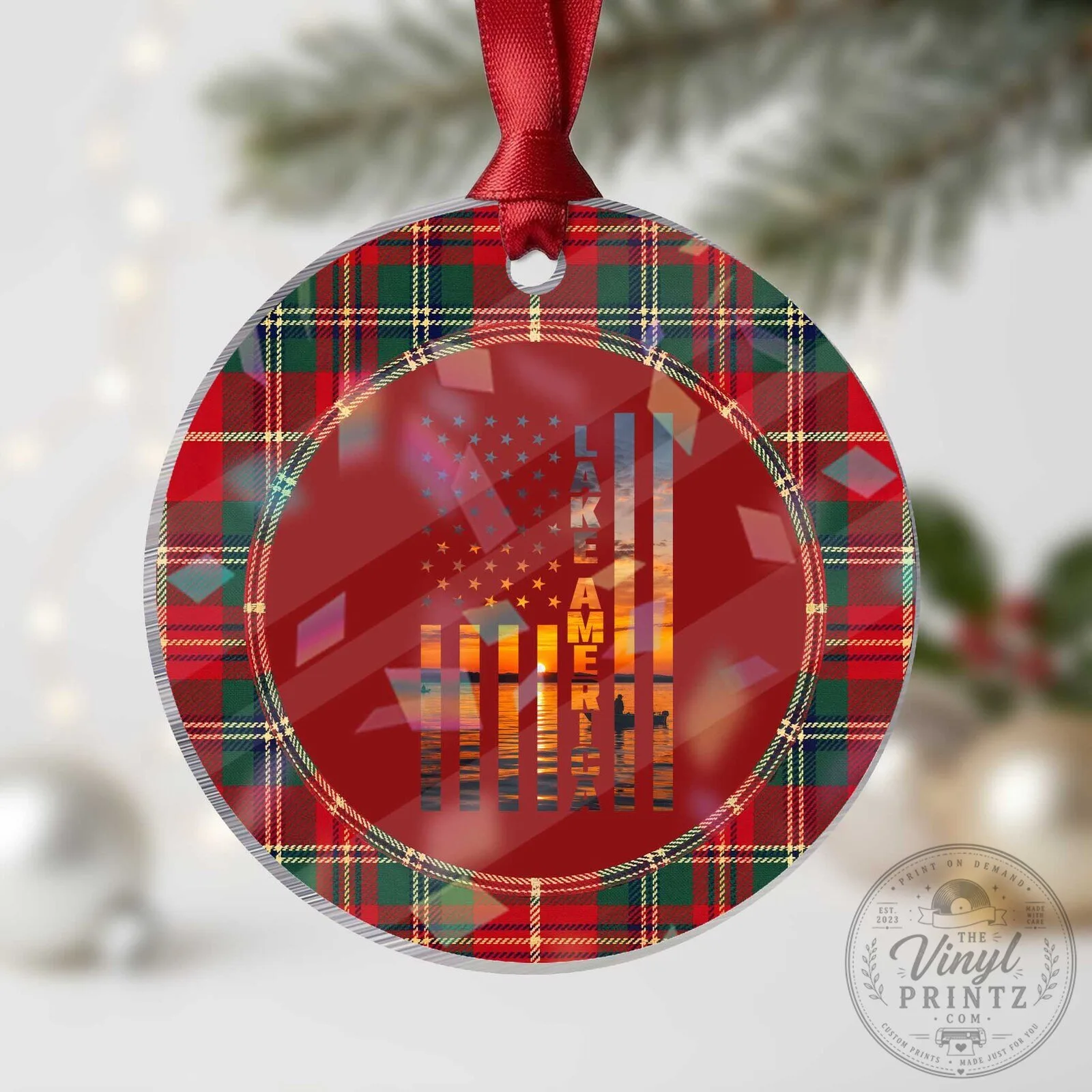 Lake America Patriotic American Flag Sunset Graphic Holographic Acrylic Christmas Ornament 1 Lake America Patriotic American Flag Sunset Graphic Holographic Acrylic Christmas Ornament