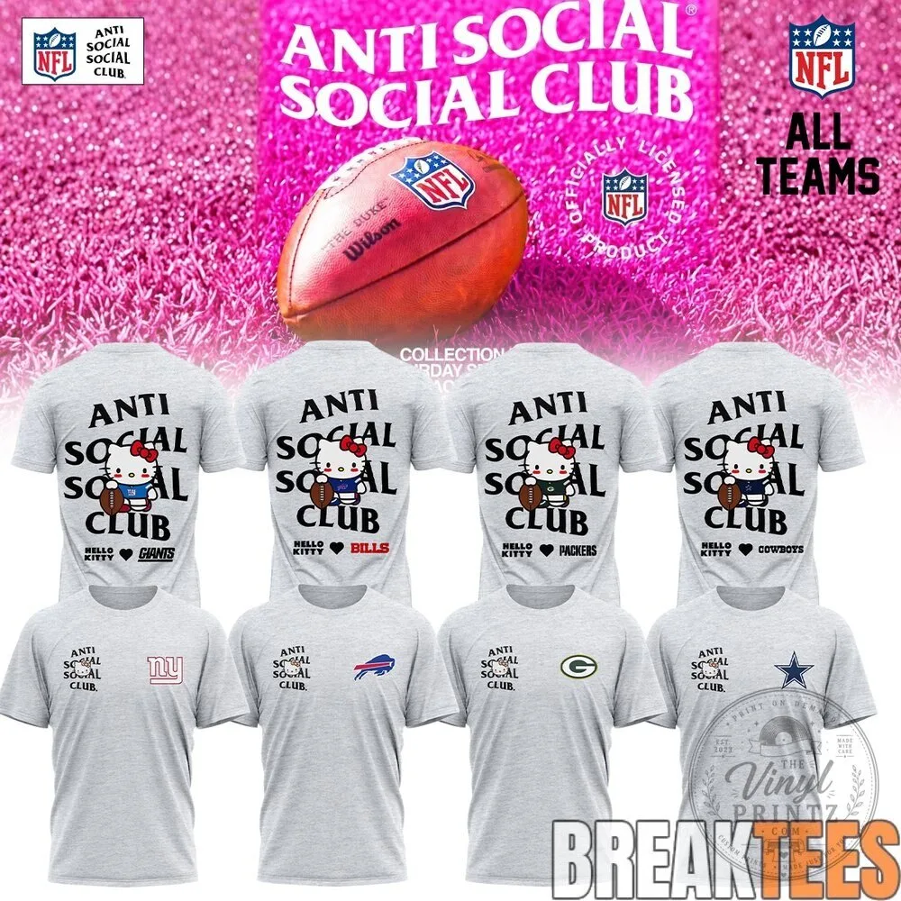 Anti Social Social Club Hello Kitty NFL Football Teams Gray T-Shirt 1 Anti Social Social Club Hello Kitty NFL Football Teams Gray T-Shirt