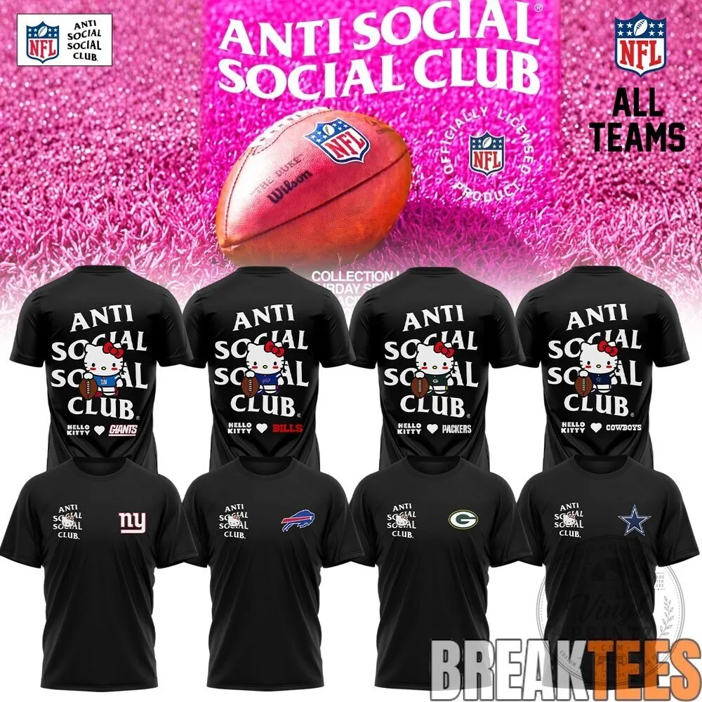 Anti Social Social Club Hello Kitty NFL Football Teams Gray T-Shirt 9 Anti Social Social Club Hello Kitty NFL Football Teams Gray T-Shirt