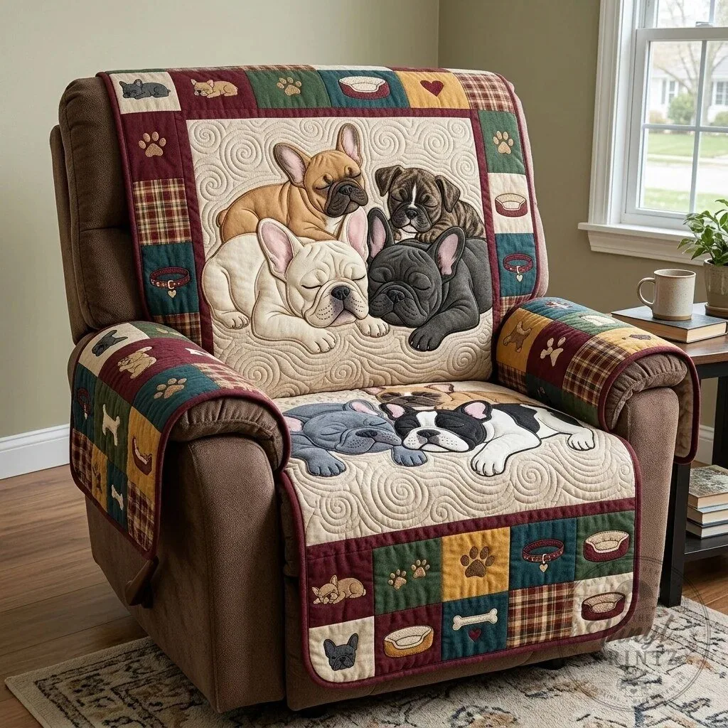 French Bulldog Puppy Dog Quilted Recliner Chair Cover Protector