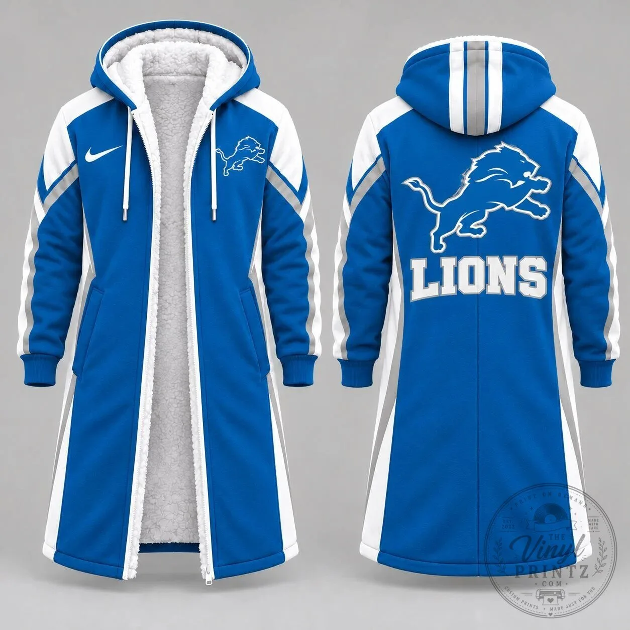 Detroit Lions NFL Football Team Blue and White Long Hooded Sherpa Fleece Jacket