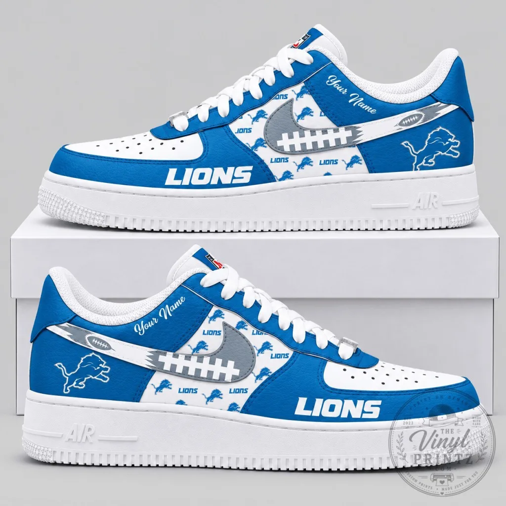 Detroit Lions NFL Football Team Custom Name White and Blue Low Top Sneakers Detroit Lions NFL Football Team Custom Name White and Blue Low Top Sneakers
