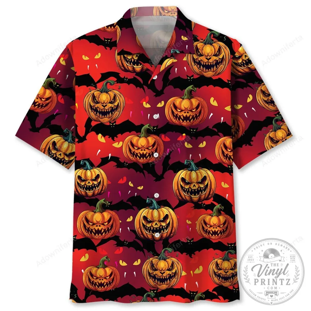 Spooky Jack O'Lanterns and Bats Halloween Hawaiian Shirt Spooky Jack O'Lanterns and Bats Halloween Hawaiian Shirt
