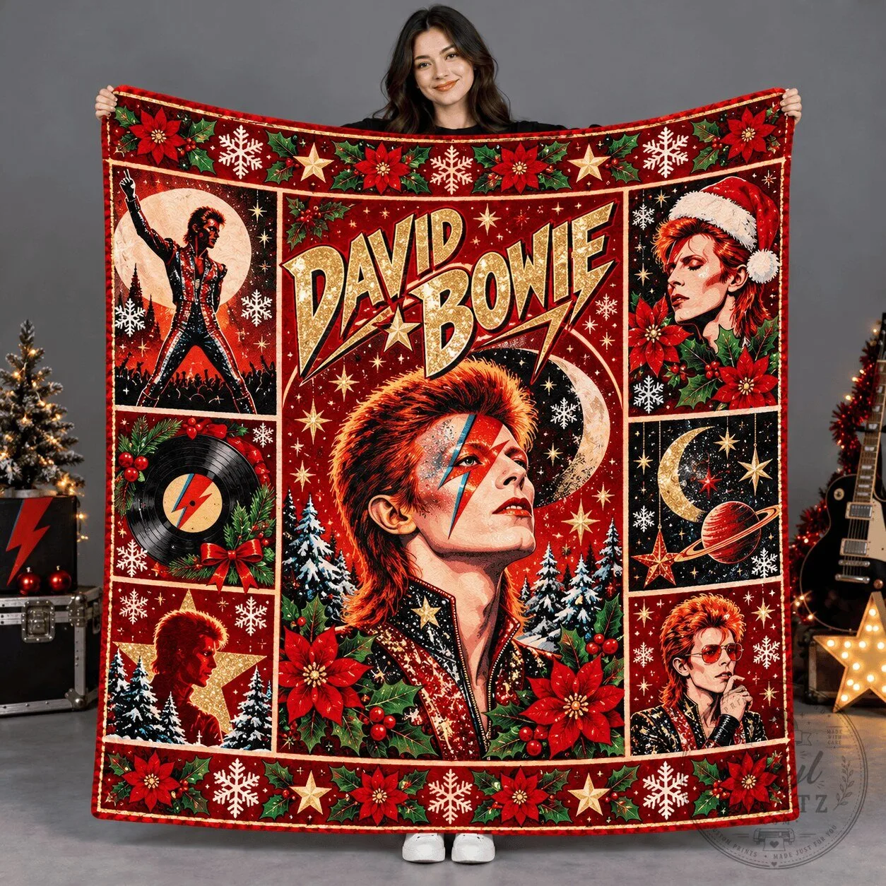 David Bowie Christmas Lightning Portrait Patchwork Fleece Blanket