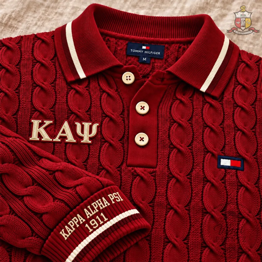 Kappa Alpha Psi Fraternity Cable Knit Polo Shirt with Striped Collar Kappa Alpha Psi Fraternity Cable Knit Polo Shirt with Striped Collar