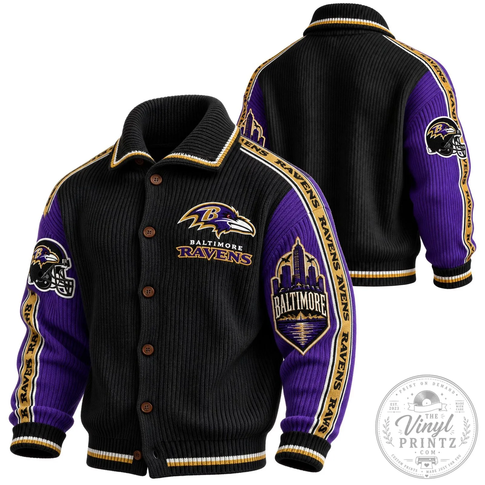 Baltimore Ravens NFL Football Team Logo Black and Purple Knit Varsity Jacket