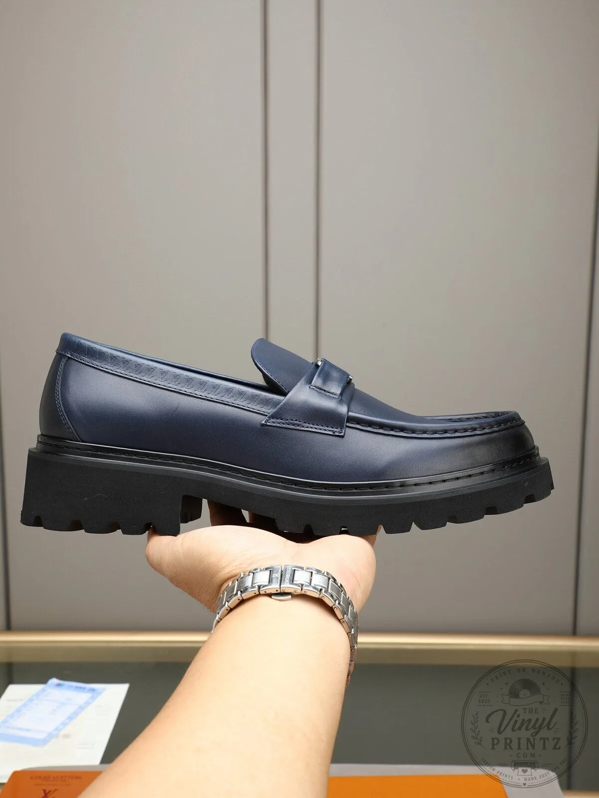 Men's Navy Blue Leather Loafer Shoes with Chunky Lug Sole Design 2 Men's Navy Blue Leather Loafer Shoes with Chunky Lug Sole Design