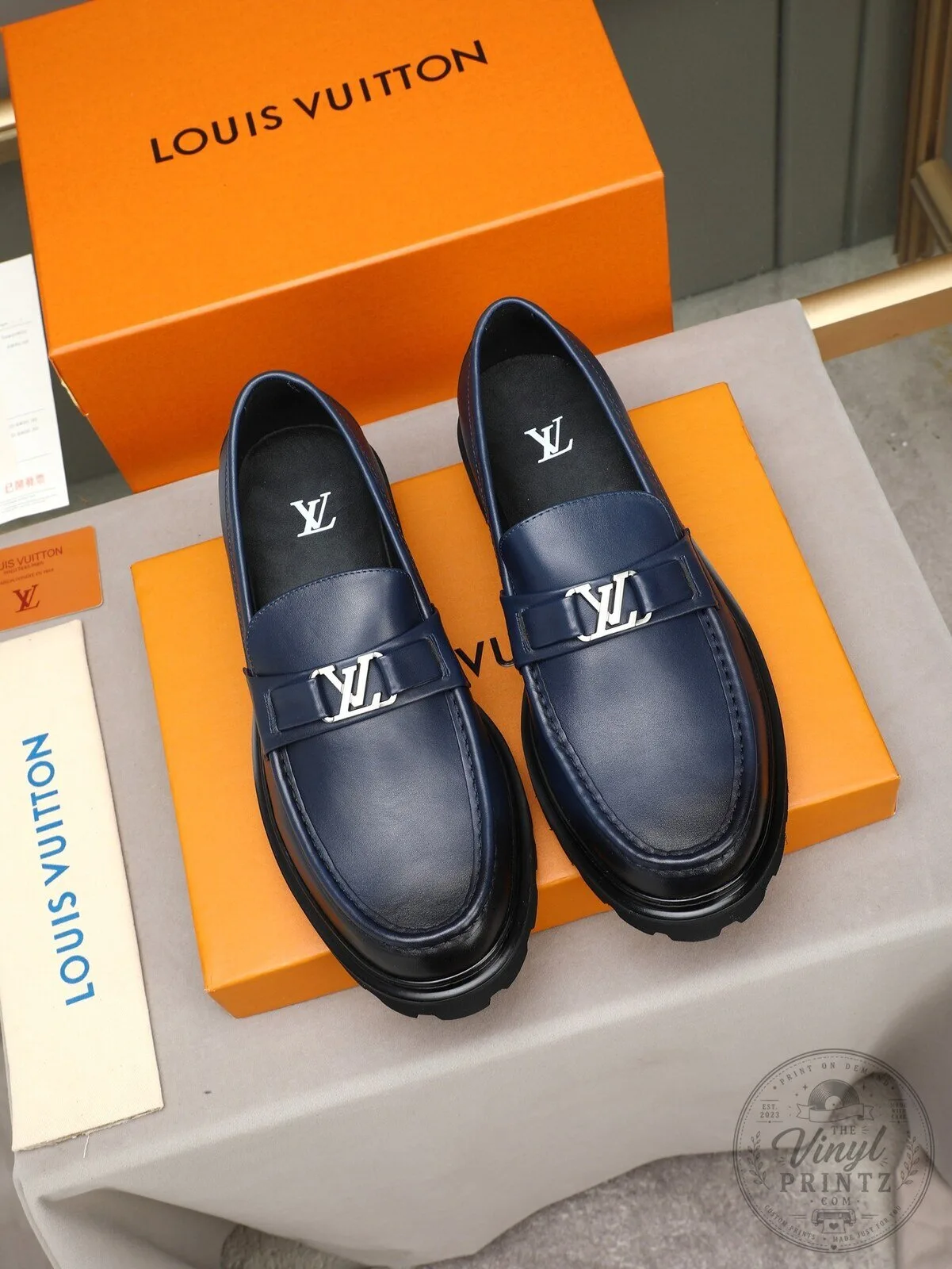 Men's Navy Blue Leather Loafer Shoes with Chunky Lug Sole Design 10 Men